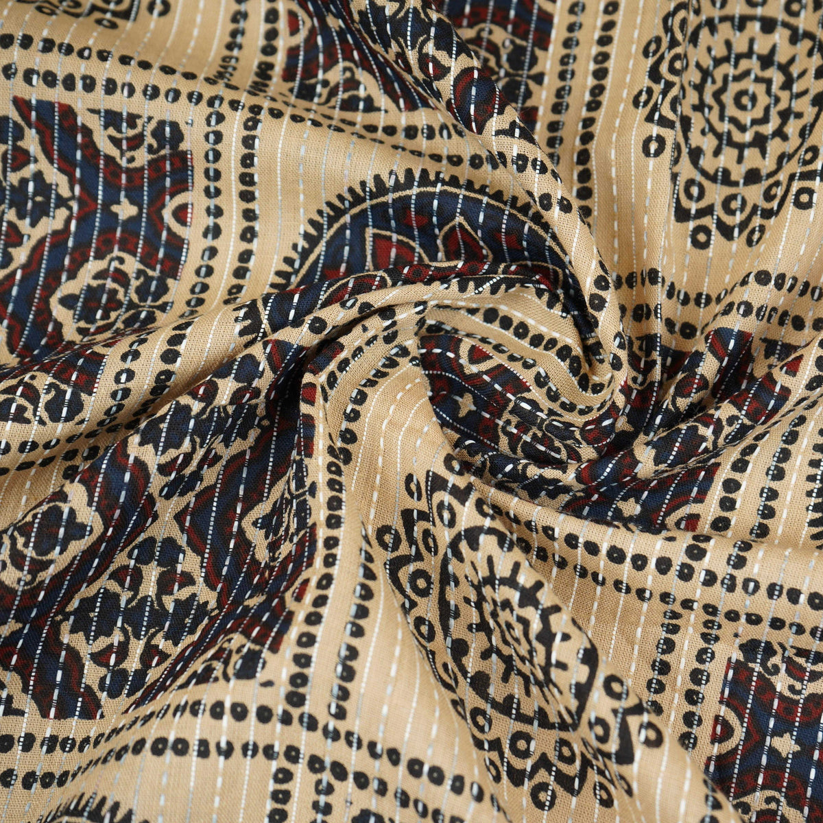 Cream Ajrakh with Kantha Print Cotton Fabric OG-30425 - TradeUNO