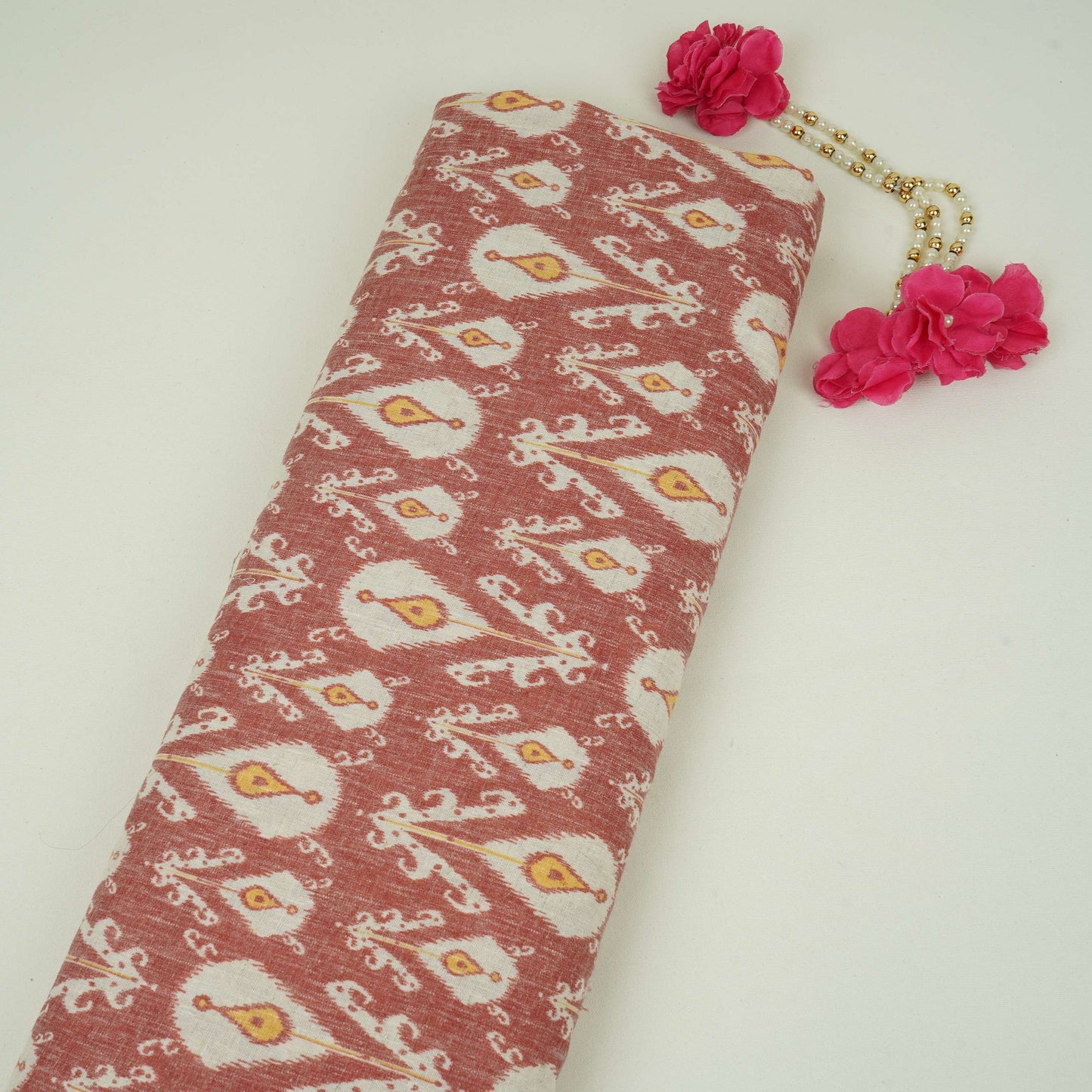 Rust Red with Yellow Ikat print Linen Fabric DE-32126