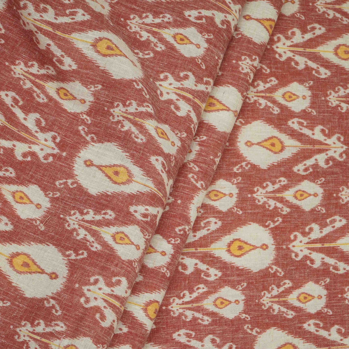 Rust Red with Yellow Ikat print Linen Fabric DE-32126