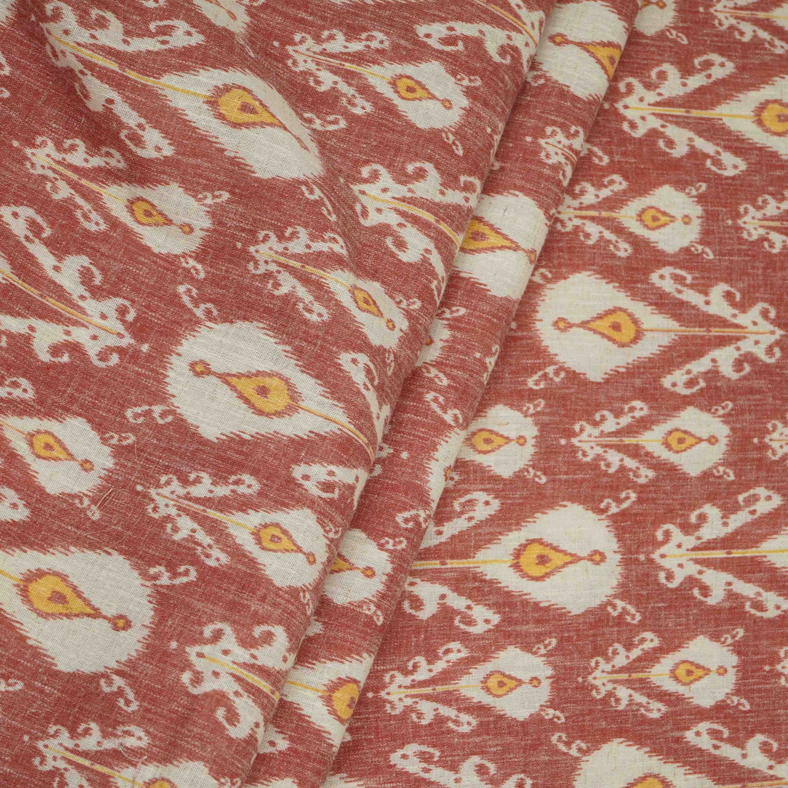 Rust Red with Yellow Ikat print Linen Fabric DE-32126 - TradeUNO