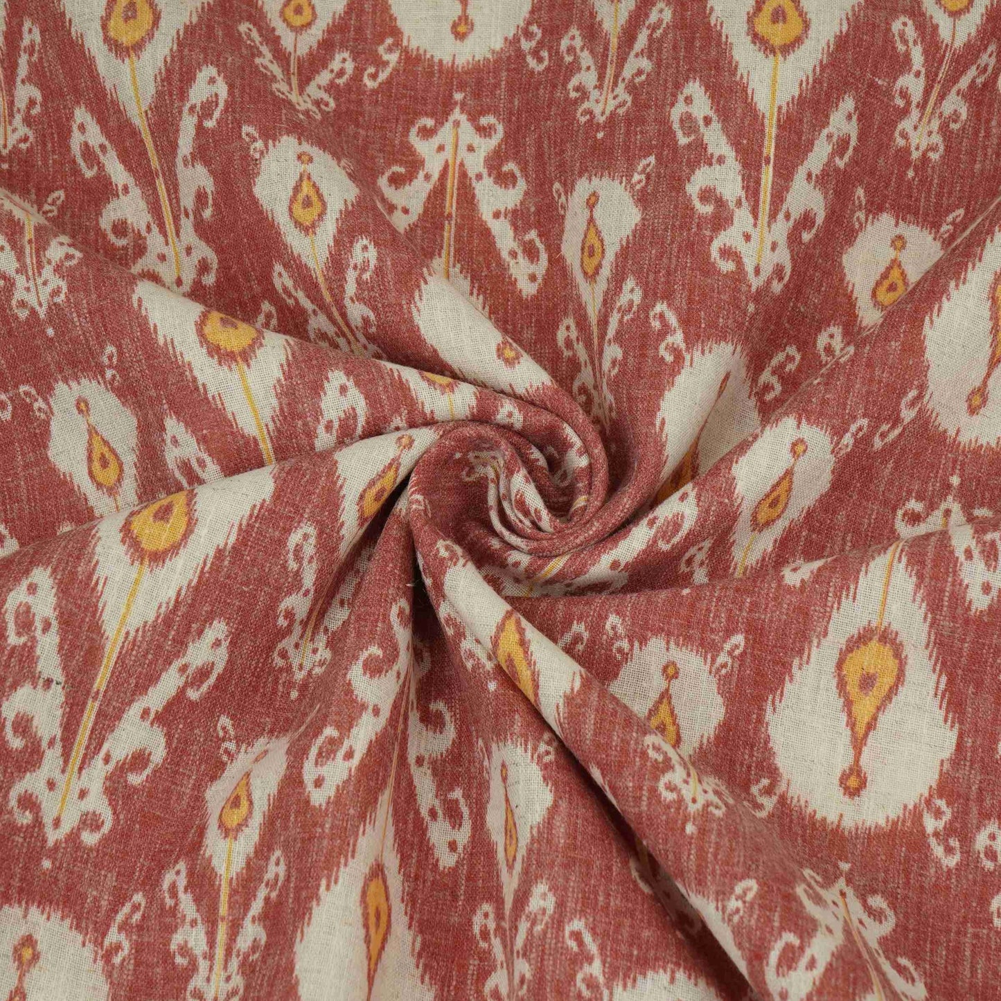 Rust Red with Yellow Ikat print Linen Fabric DE-32126