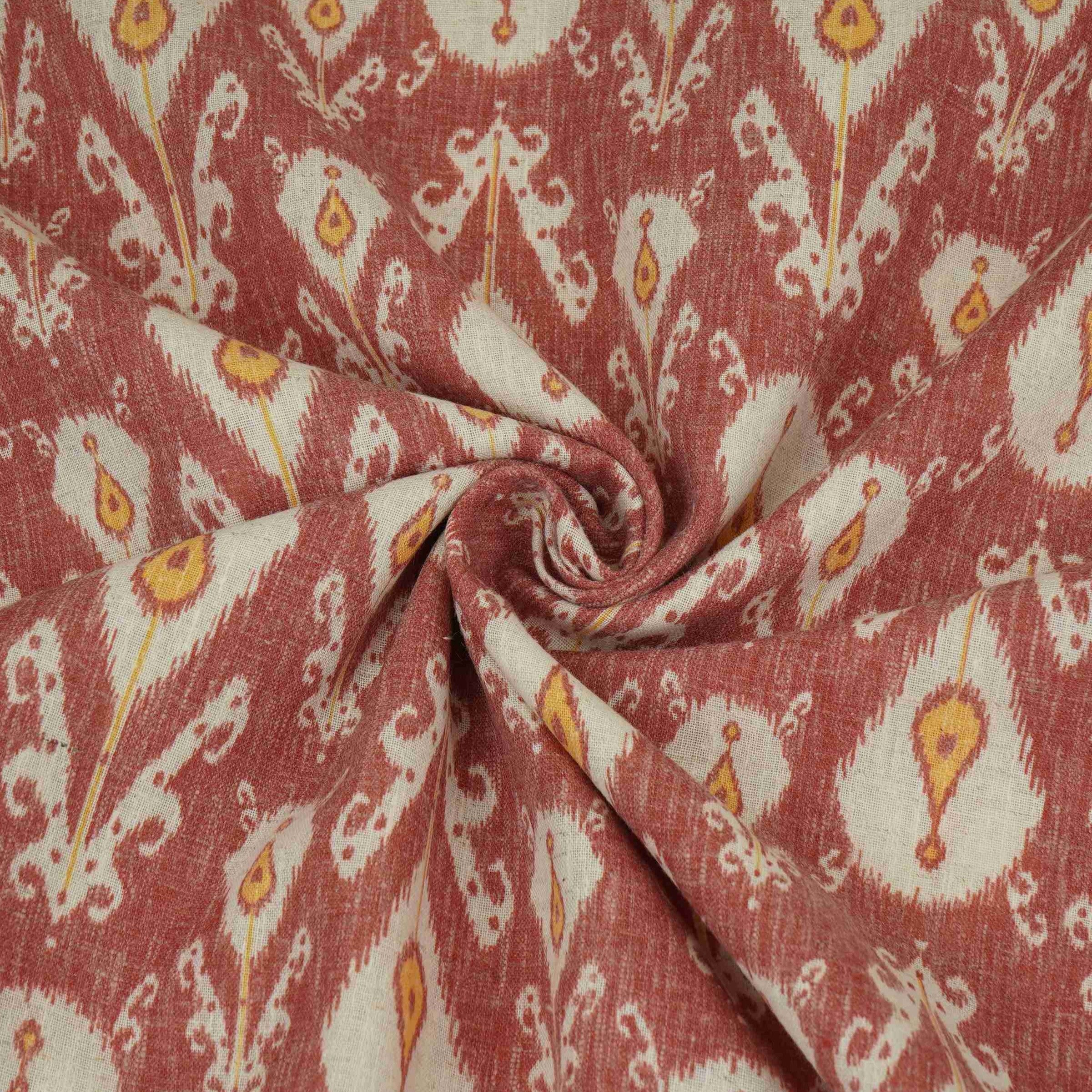 Rust Red with Yellow Ikat print Linen Fabric DE-32126 - TradeUNO