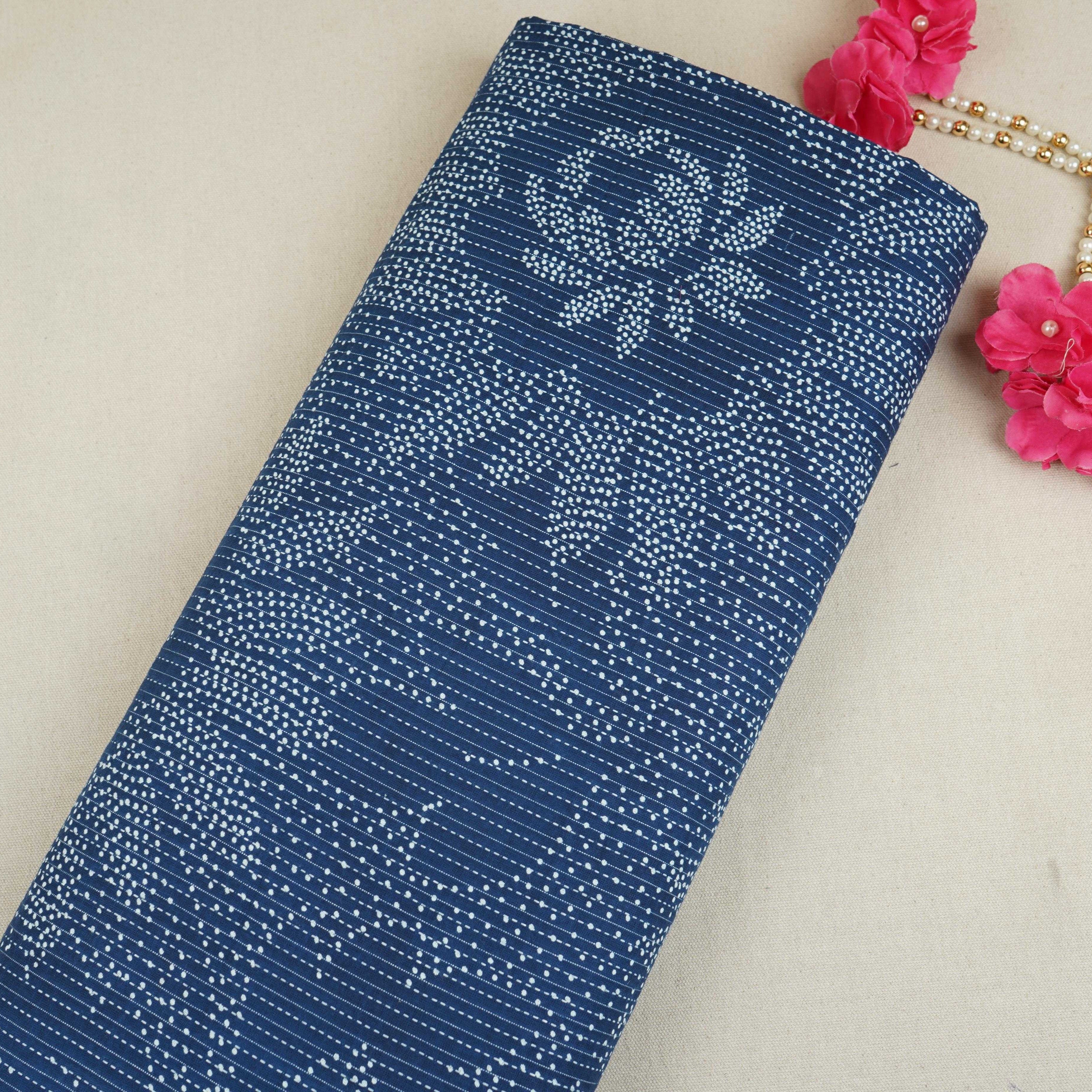 Blue Bandhani with Kantha Print Cotton Fabric OG-30299 - TradeUNO