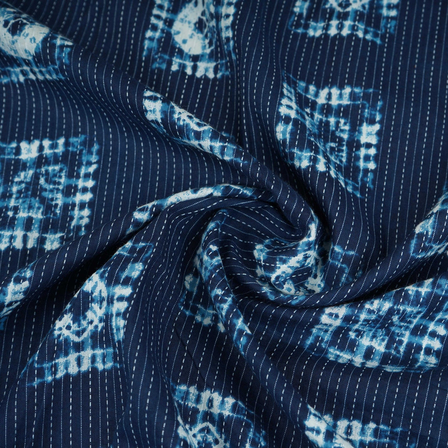 Indigo White Floral Kantha Print Cotton Fabric OG-30298
