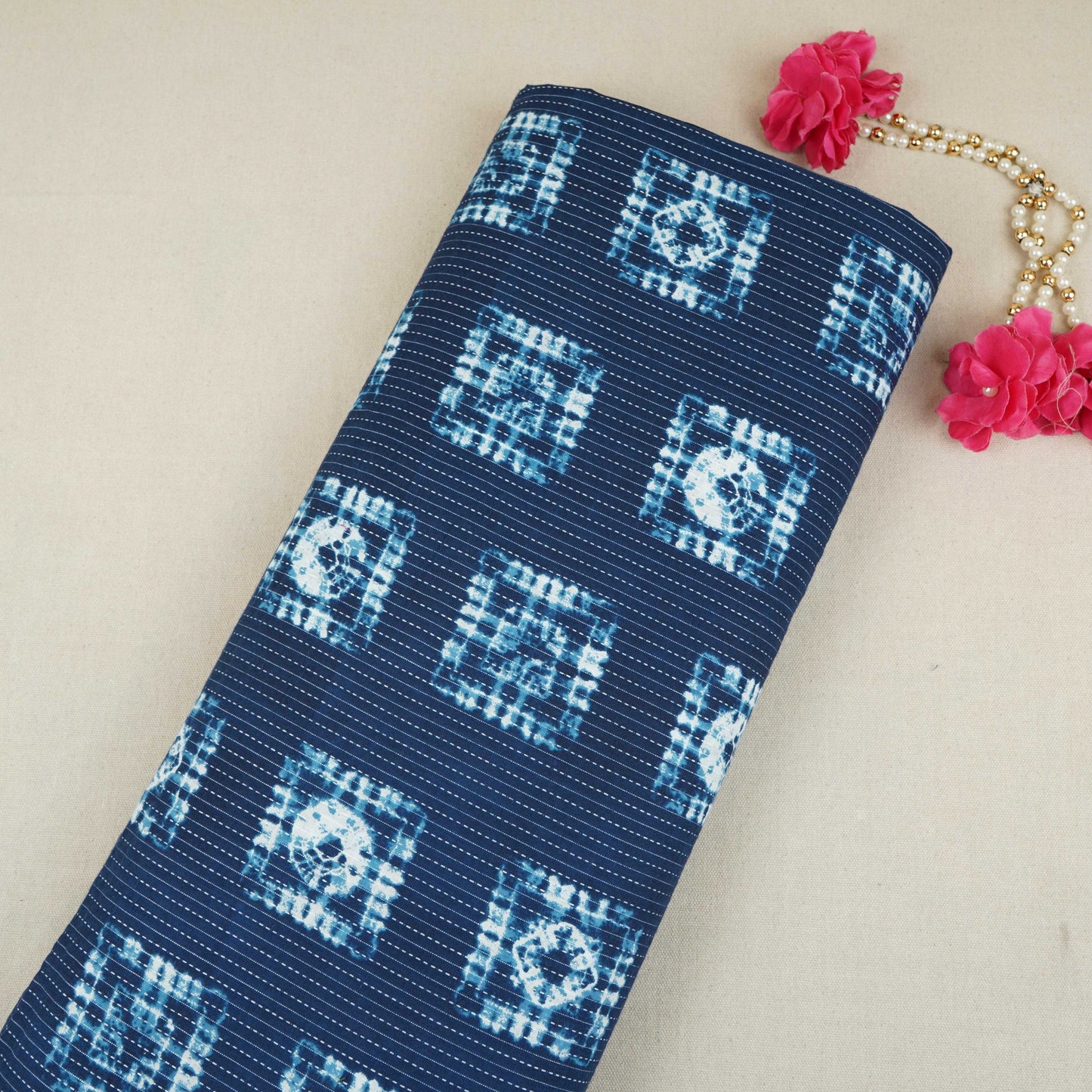 Indigo White Floral Kantha Print Cotton Fabric OG-30298