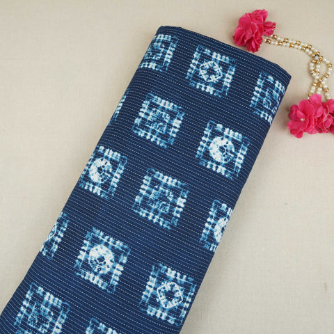 Indigo White Floral Kantha Print Cotton Fabric OG-30298