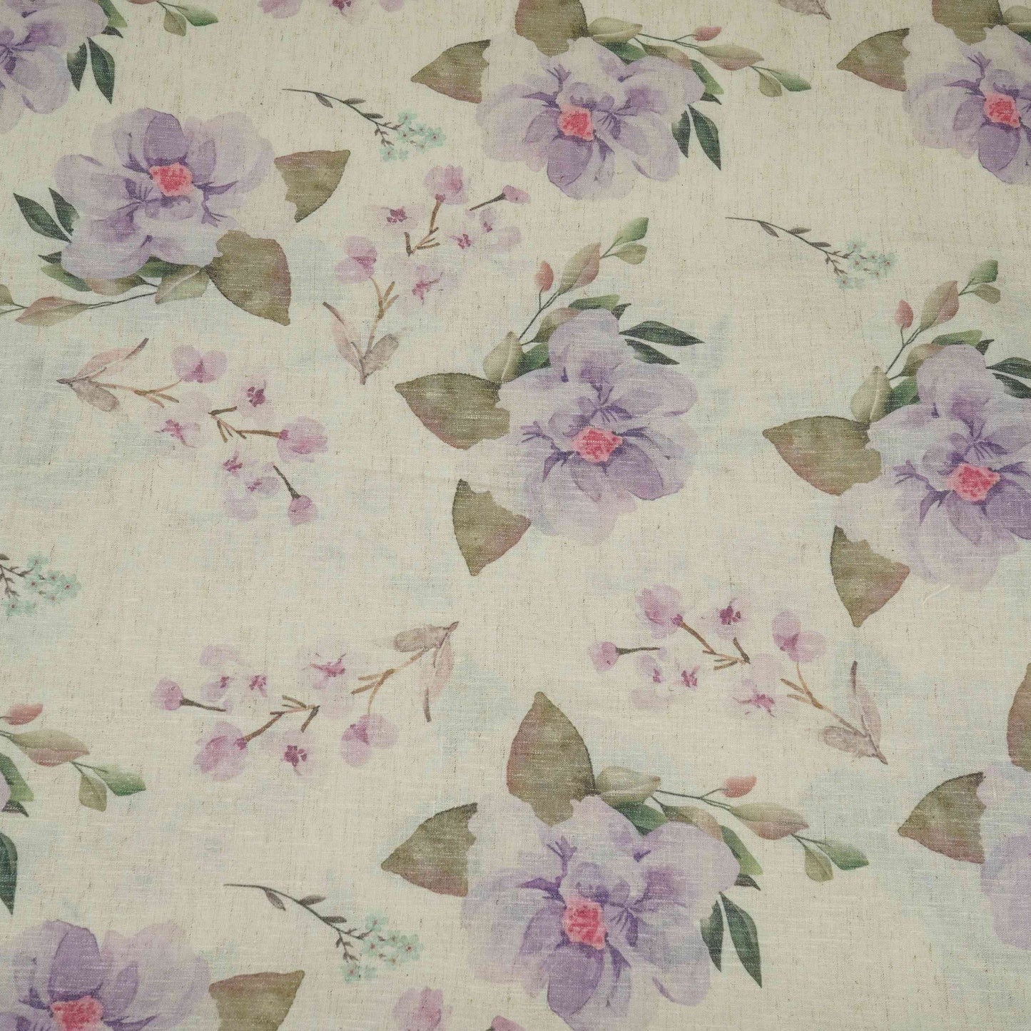 Off White with Blue floral print Linen Fabric DE-32125