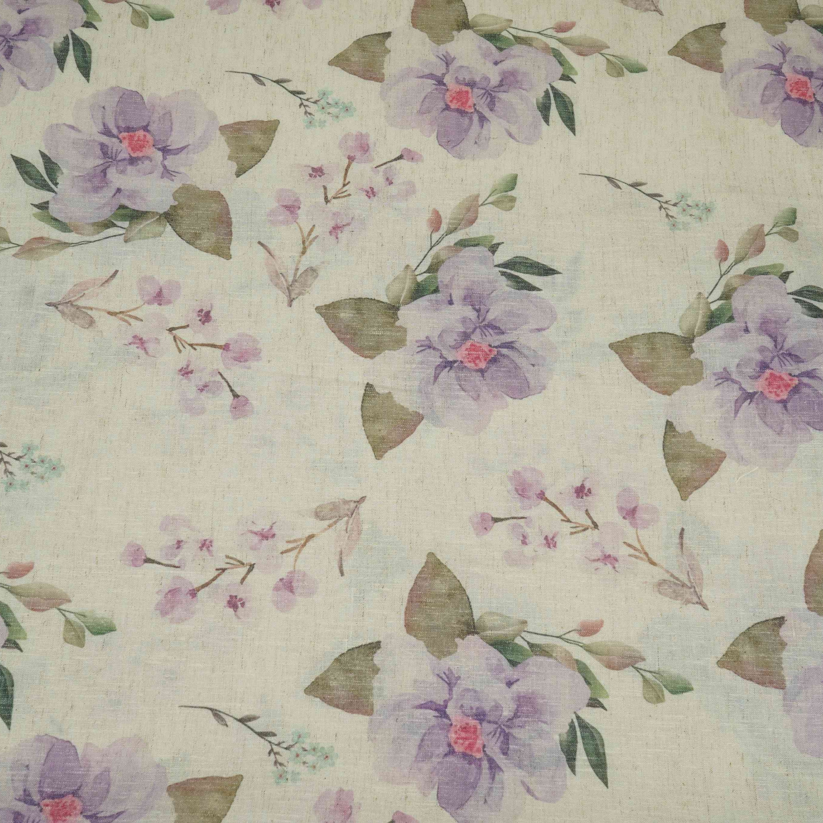 Off White with Blue floral print Linen Fabric DE-32125 - TradeUNO
