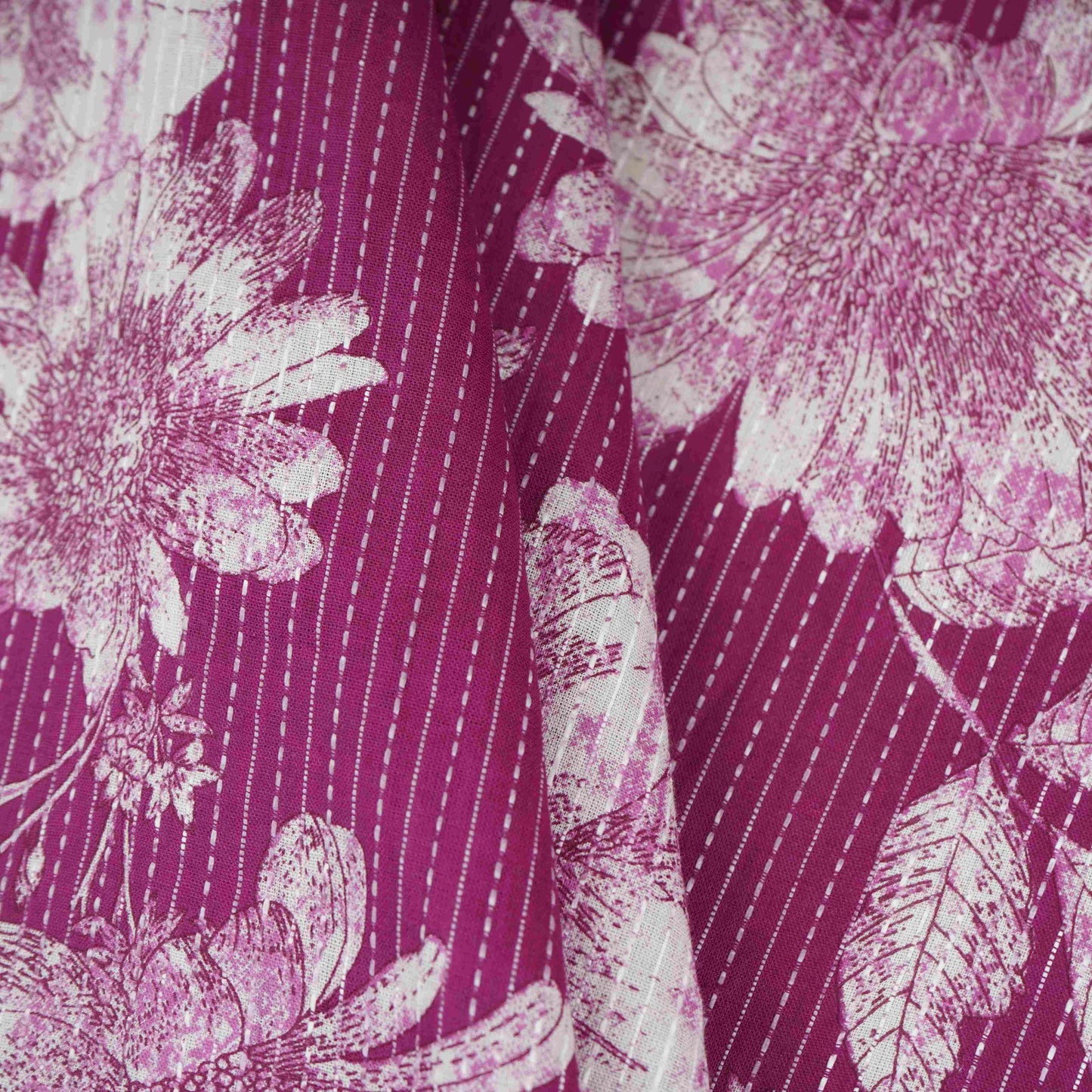 Magenta with White Floral Kantha Print Cotton Fabric OG-30295