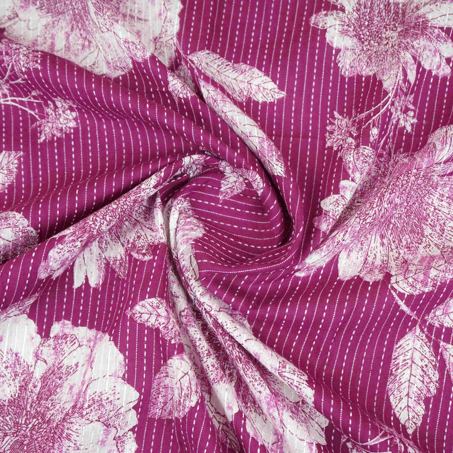 Magenta with White Floral Kantha Print Cotton Fabric OG-30295