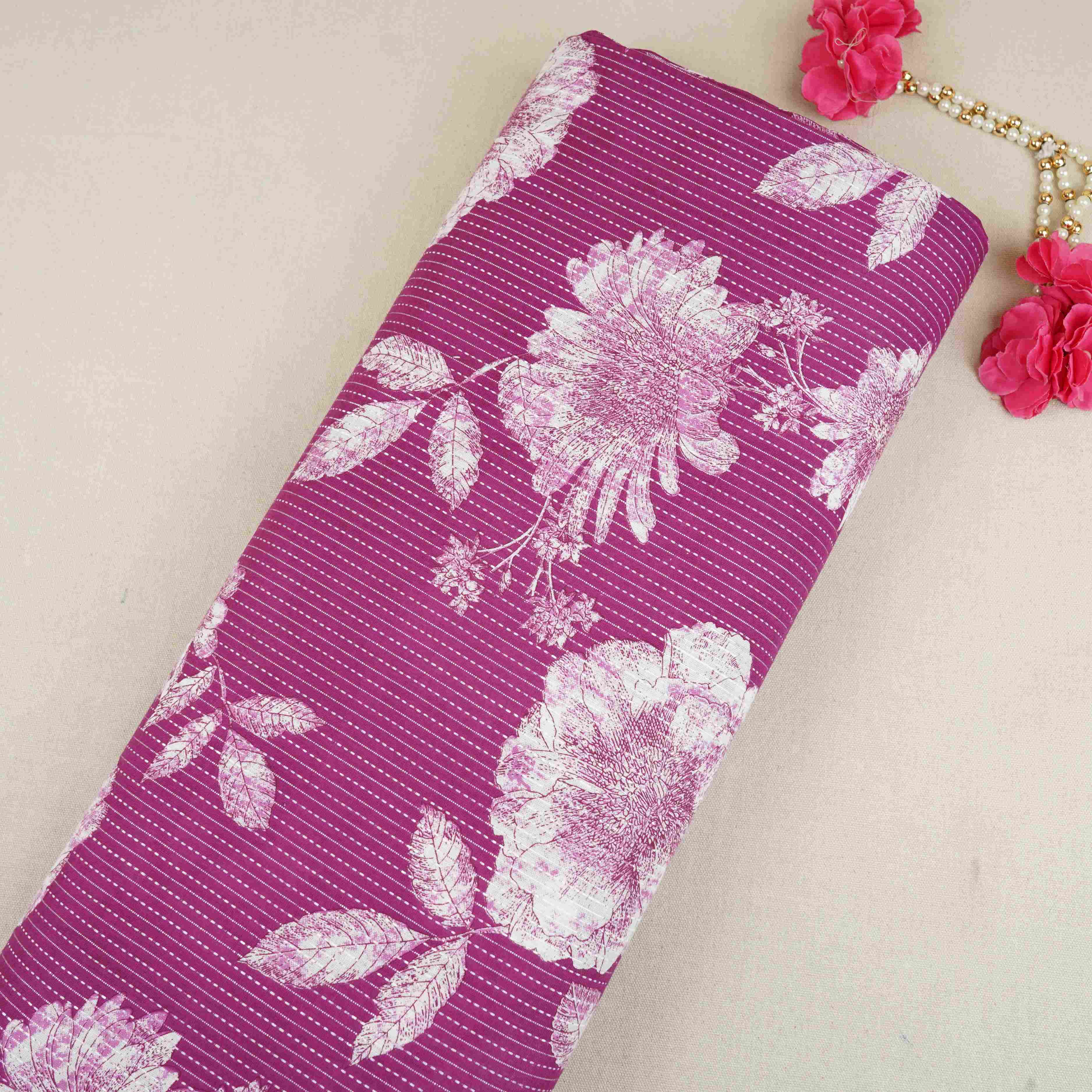 Magenta with White Floral Kantha Print Cotton Fabric OG-30295 - TradeUNO