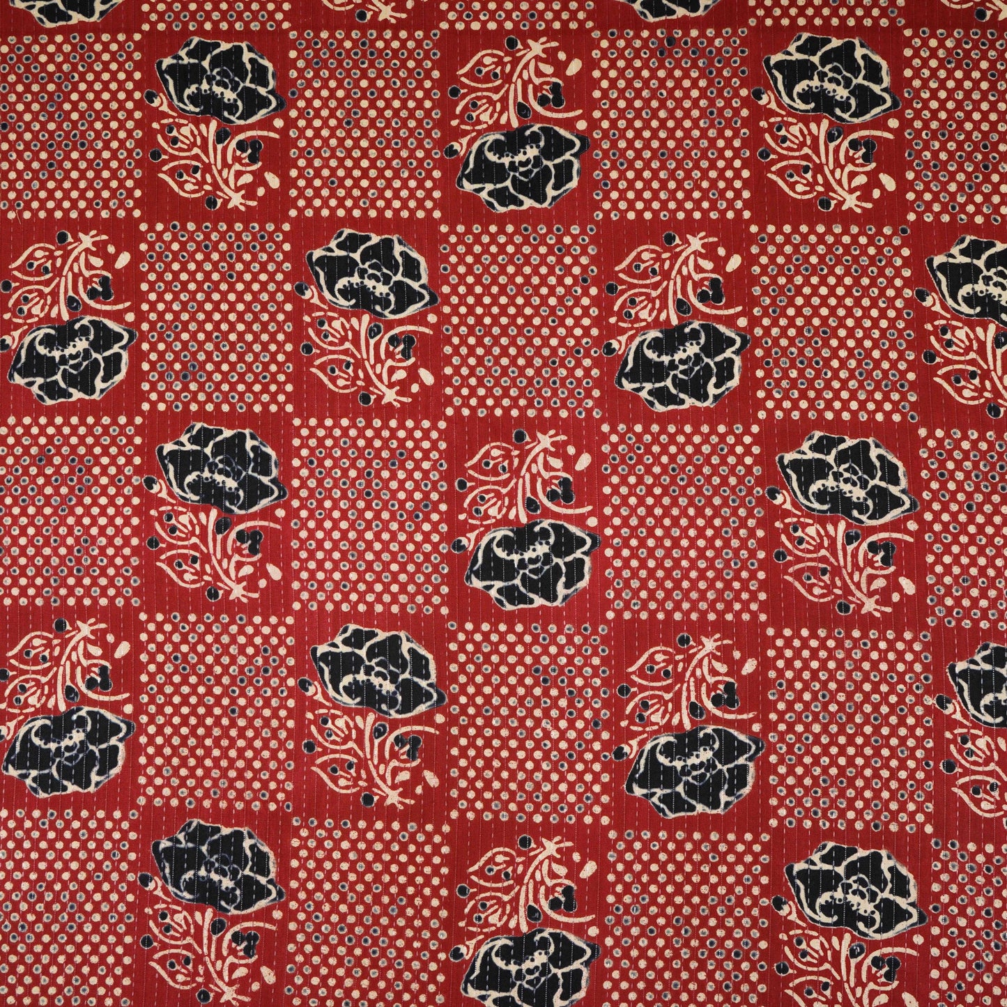 Red & Black Ajrakh with Kantha Print Cotton Fabric OG-30288