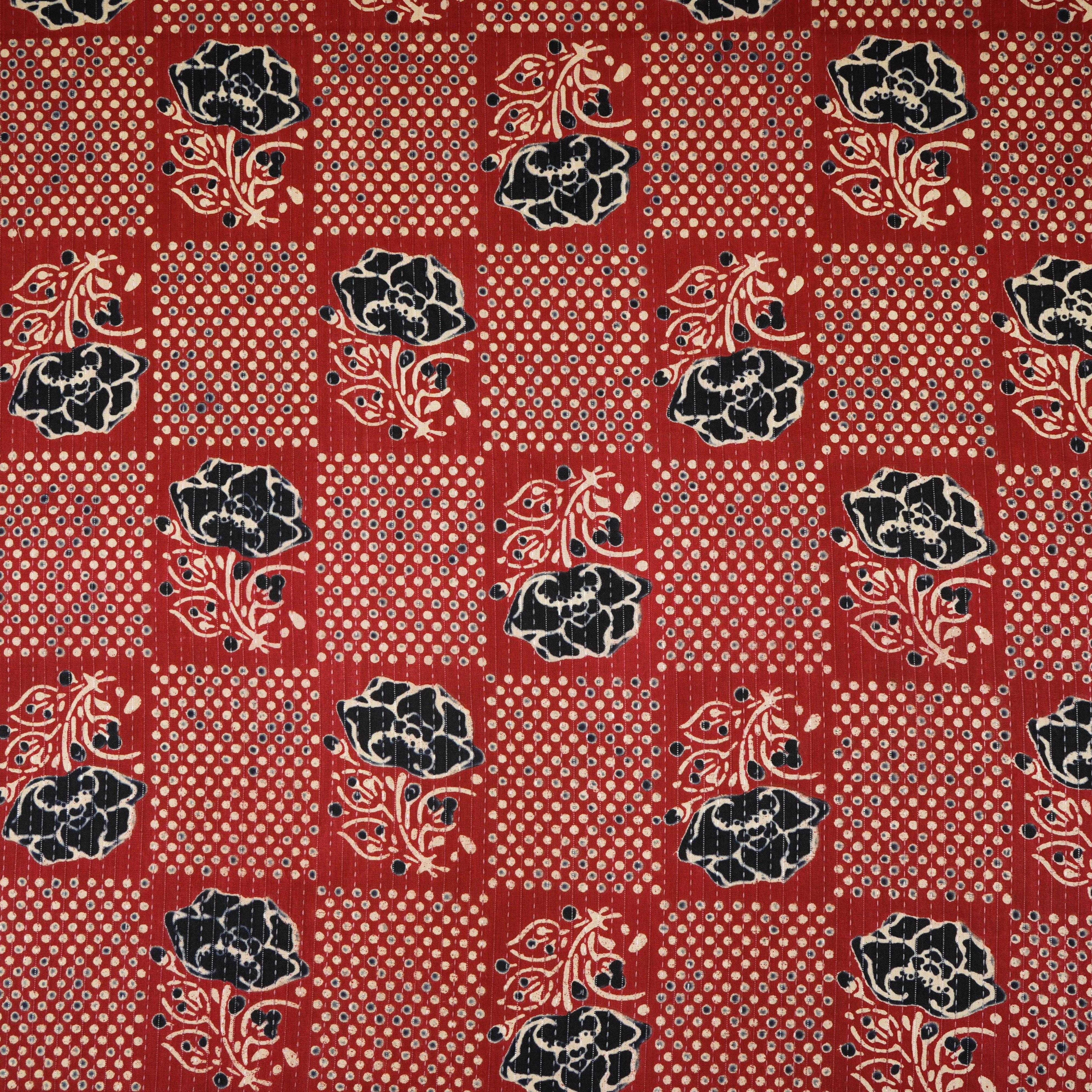 Red & Black Ajrakh with Kantha Print Cotton Fabric OG-30288 - TradeUNO