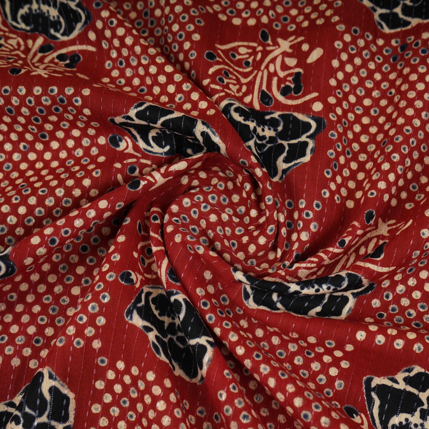Red & Black Ajrakh with Kantha Print Cotton Fabric OG-30288