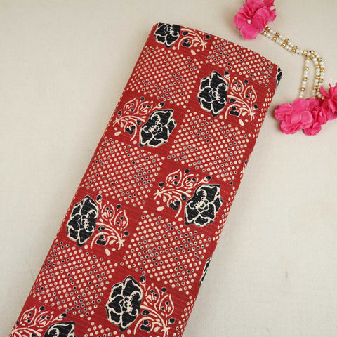 Red & Black Ajrakh with Kantha Print Cotton Fabric OG-30288