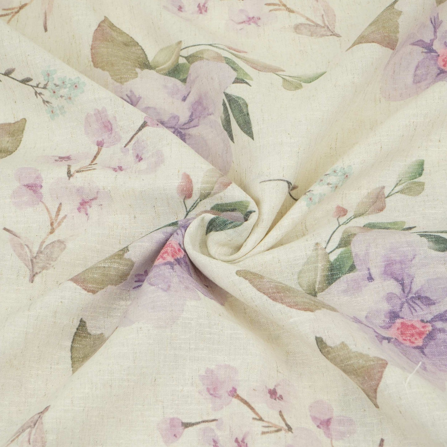 Off White with Blue floral print Linen Fabric DE-32125
