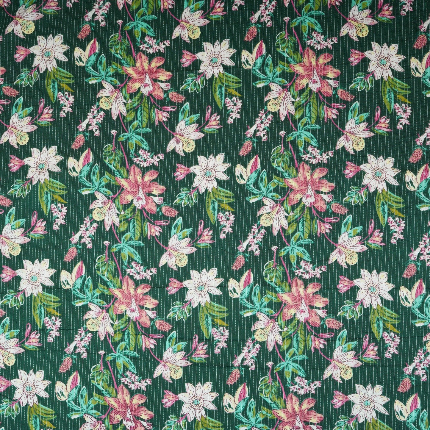 Dark Green Floral Kantha Print Cotton Fabric OG-30291