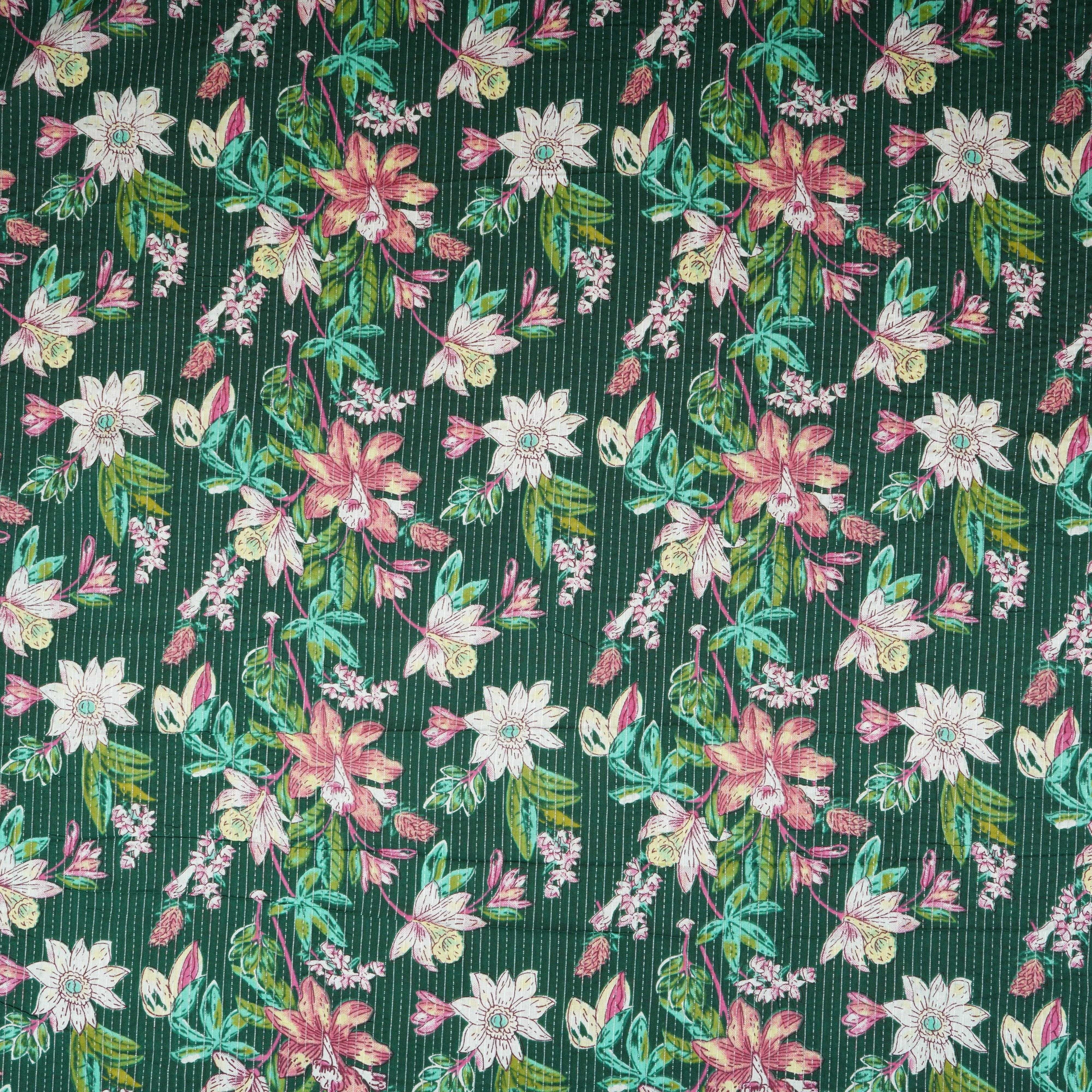 Dark Green Floral Kantha Print Cotton Fabric OG-30291 - TradeUNO