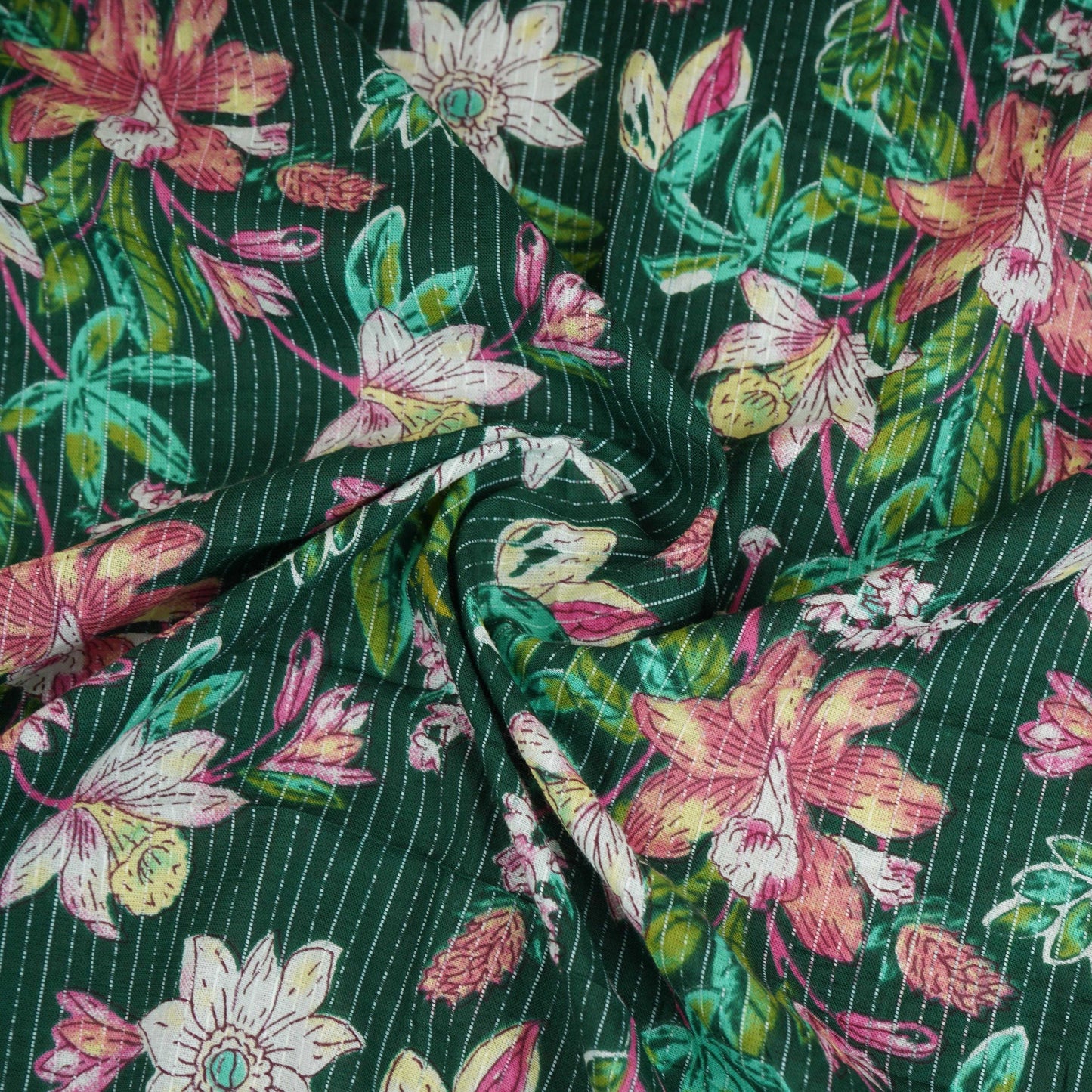 Dark Green Floral Kantha Print Cotton Fabric OG-30291