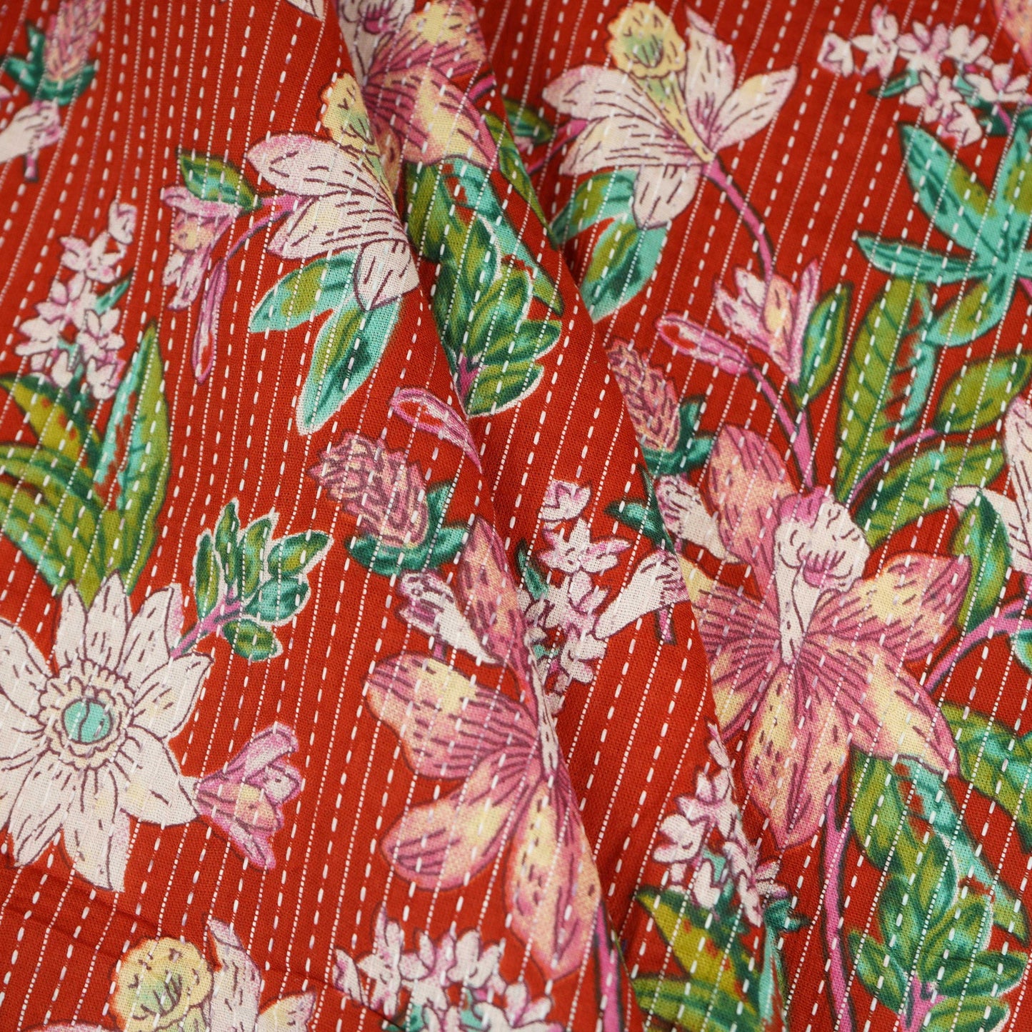 Red Floral Kantha Print Cotton Fabric OG-30290