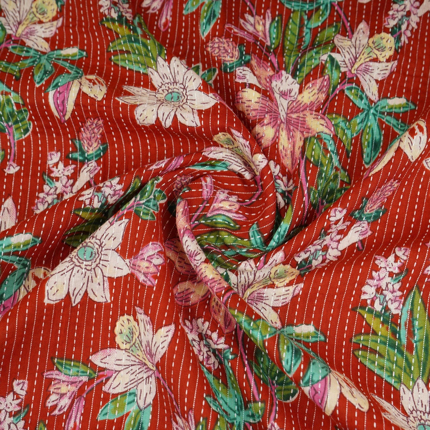 Red Floral Kantha Print Cotton Fabric OG-30290