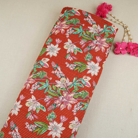 Red Floral Kantha Print Cotton Fabric OG-30290