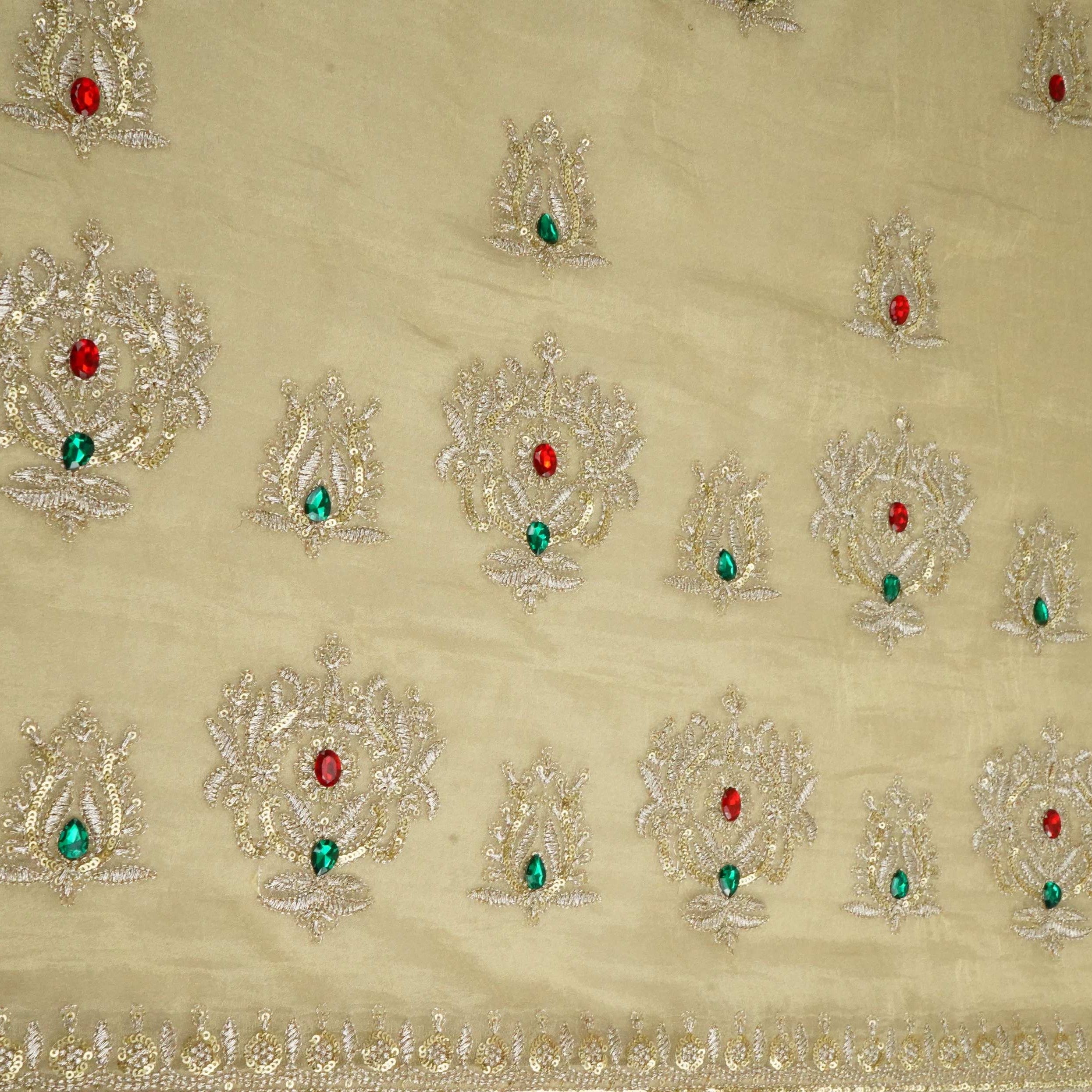 Golden Stone Zari Embroidery Fendi Silk Fabric JD-33434