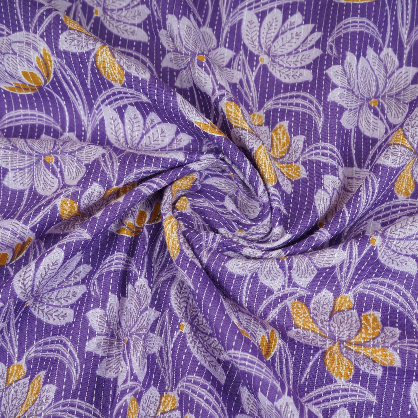 Purple Floral Kantha Print Cotton Fabric OG-30292