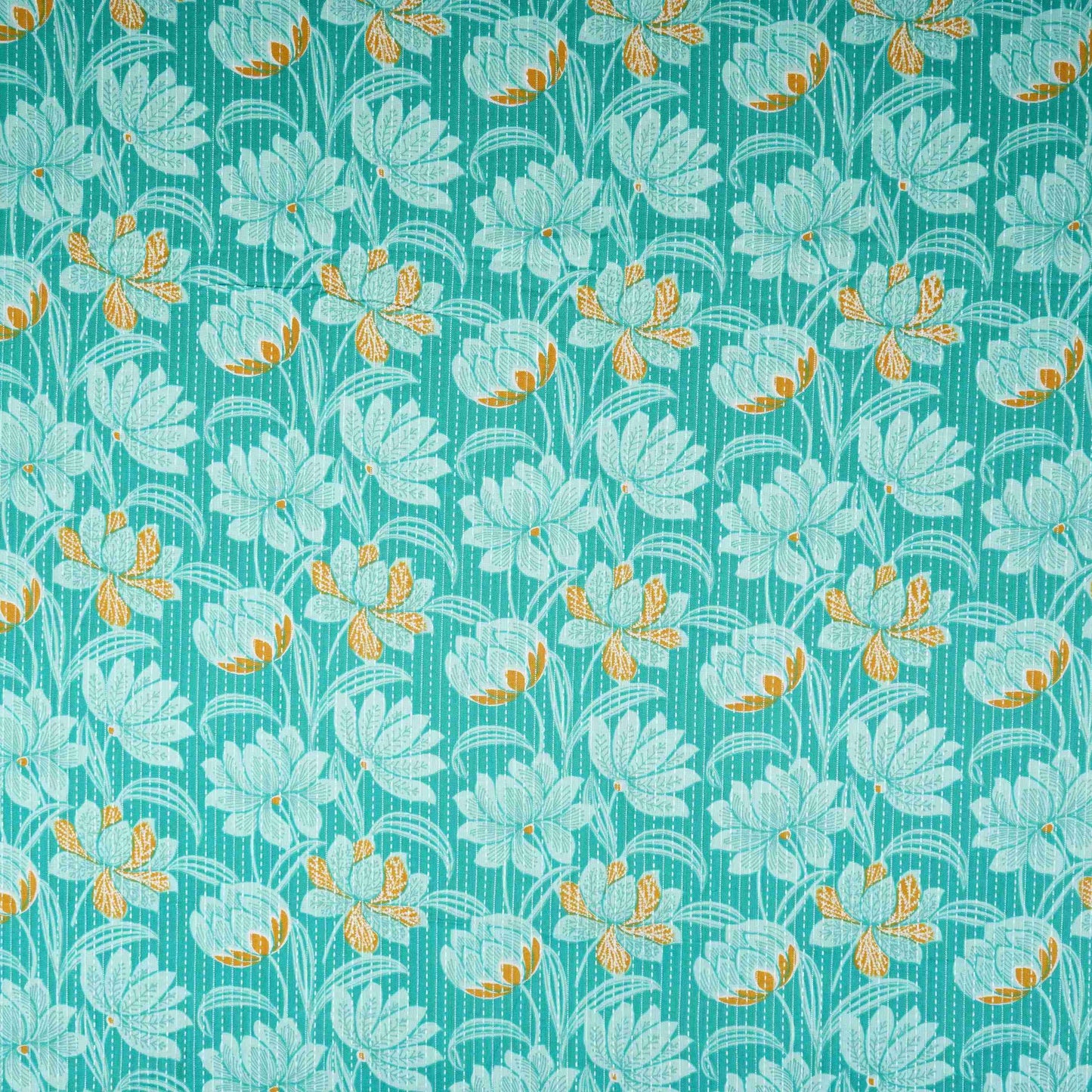 Teal Blue Floral Kantha Print Cotton Fabric OG-30296