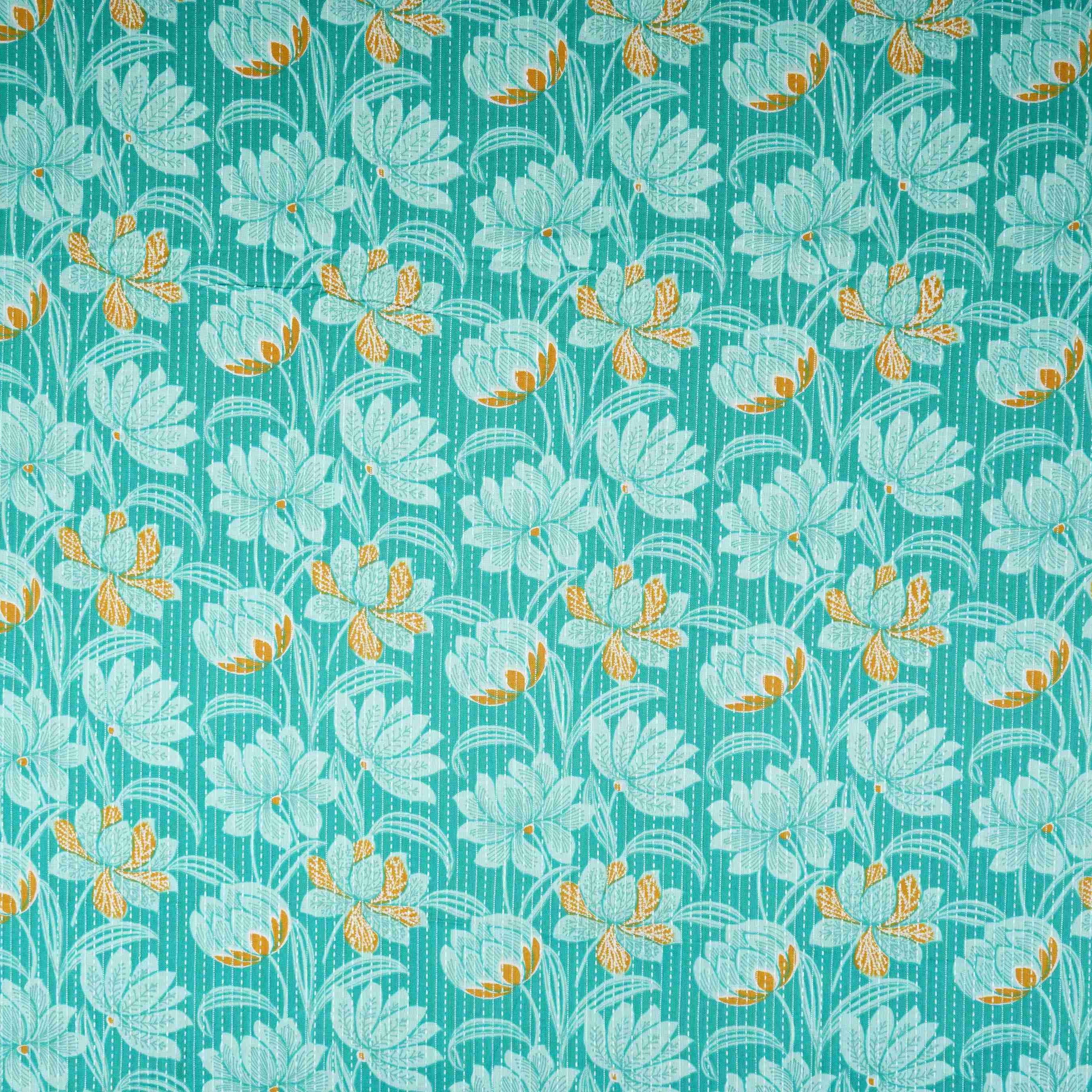 Teal Blue Floral Kantha Print Cotton Fabric OG-30296 - TradeUNO