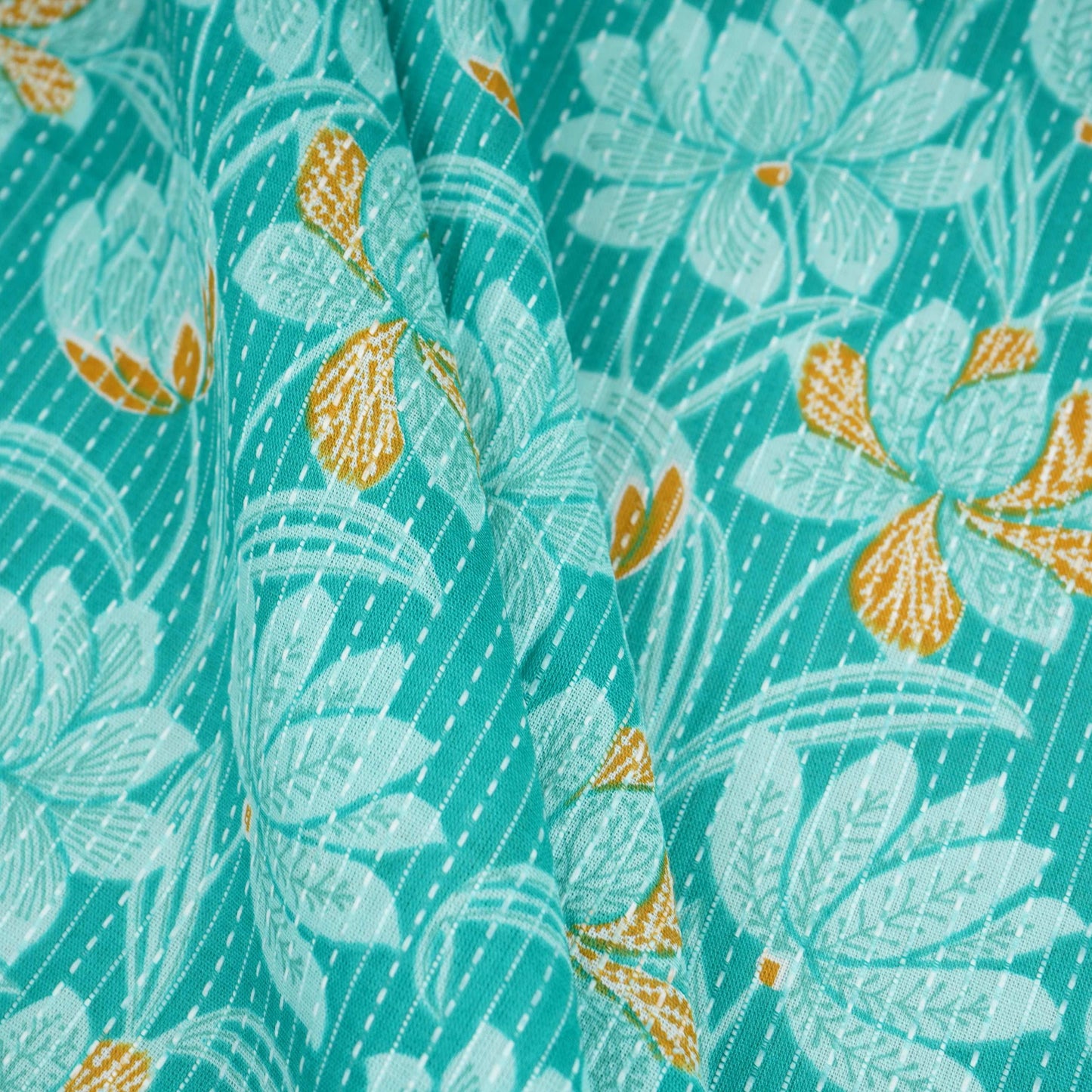 Teal Blue Floral Kantha Print Cotton Fabric OG-30296