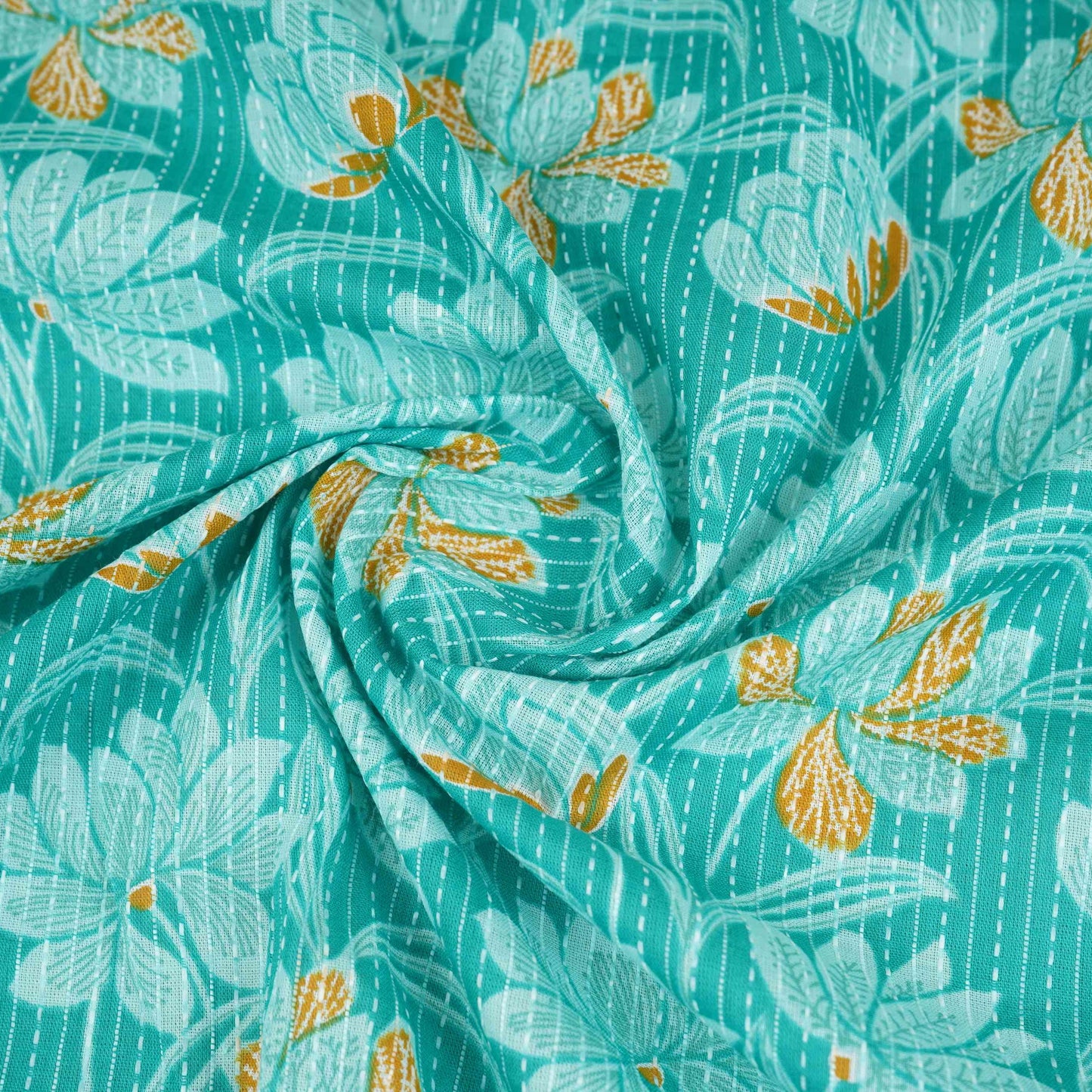 Teal Blue Floral Kantha Print Cotton Fabric OG-30296