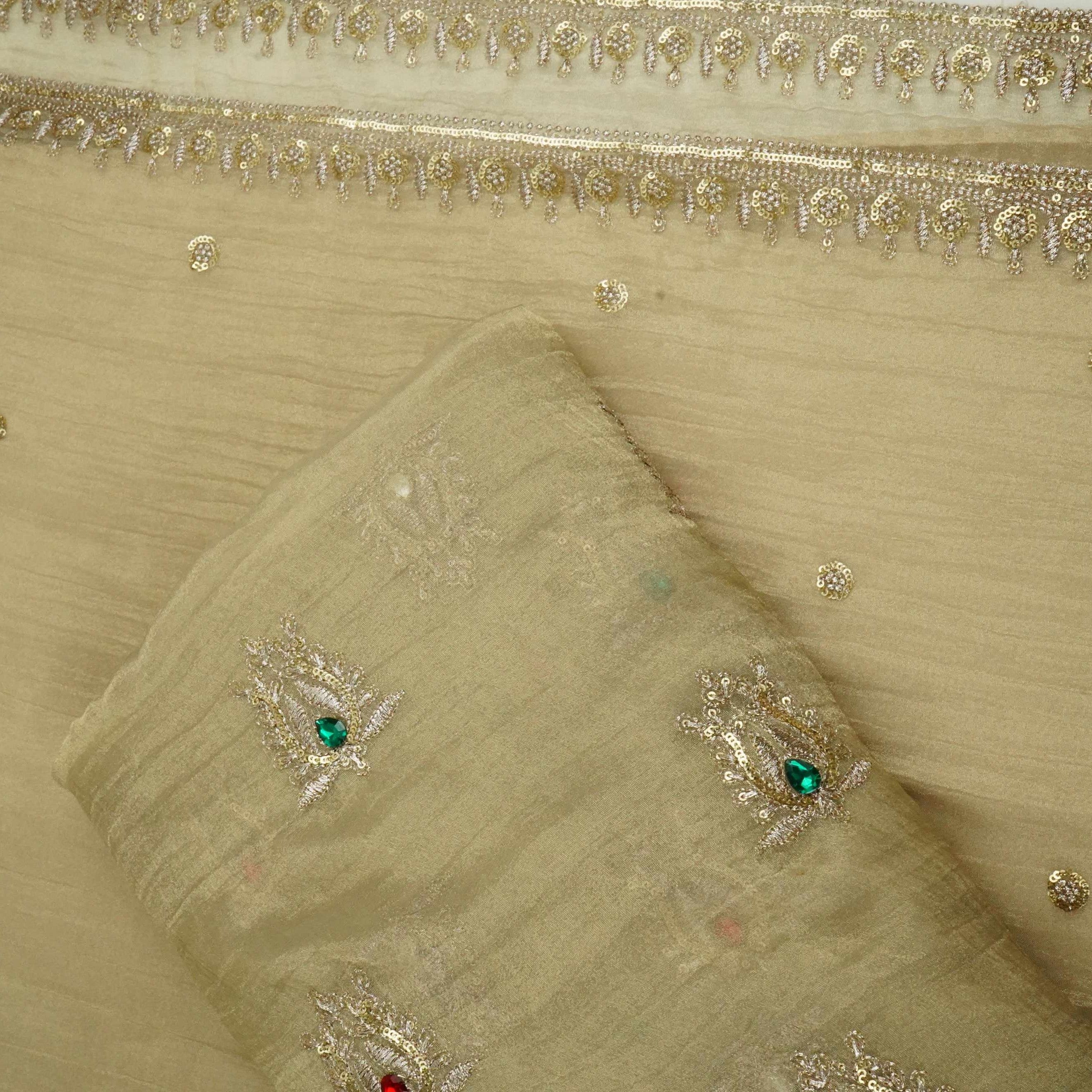 Golden Stone Zari Embroidery Fendi Silk Dupatta Fabric JD-33435