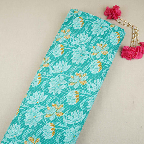 Teal Blue Floral Kantha Print Cotton Fabric OG-30296