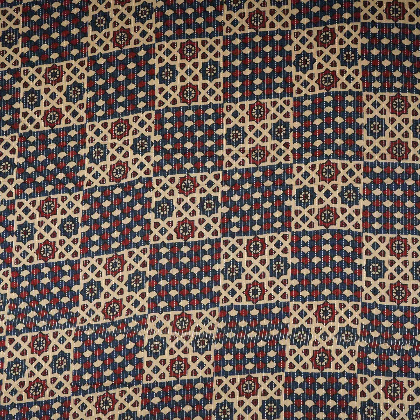 Cream & Blue Ajrakh with Kantha Print Cotton Fabric OG-30302