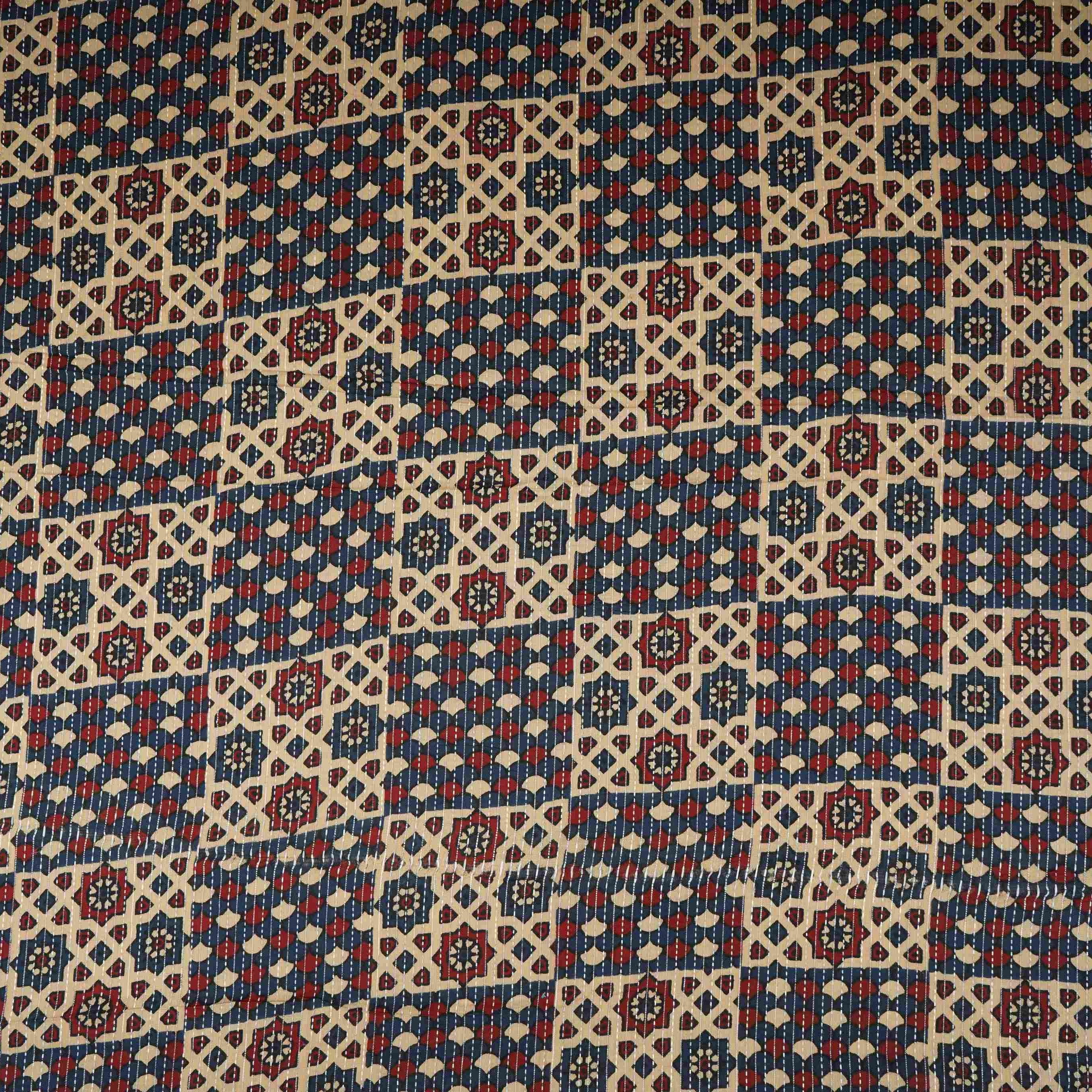 Cream & Blue Ajrakh with Kantha Print Cotton Fabric OG-30302 - TradeUNO
