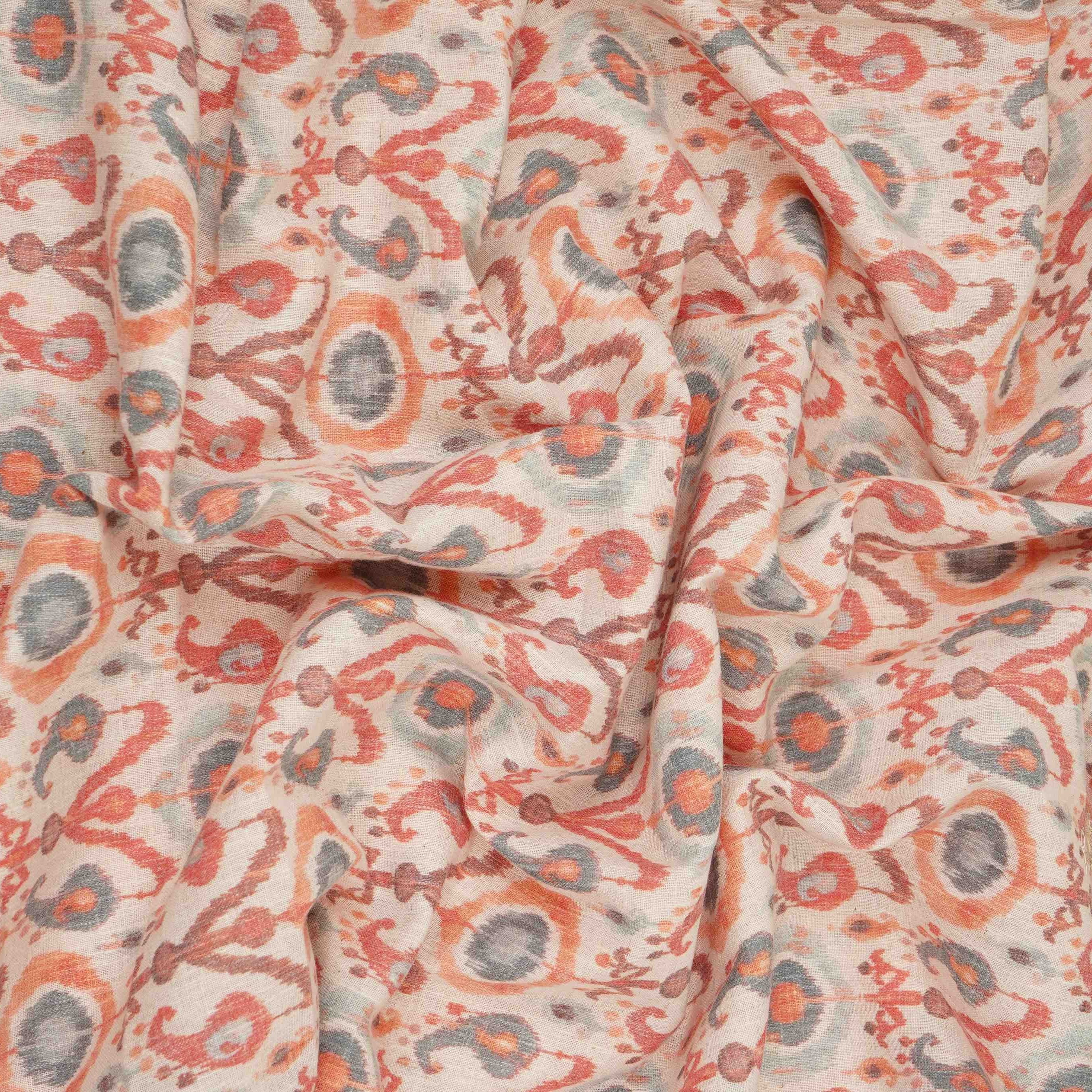 Off White with Red ikat print Linen Fabric DE-32128 - TradeUNO