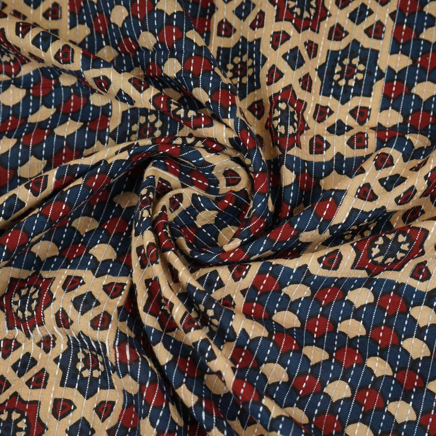 Cream & Blue Ajrakh with Kantha Print Cotton Fabric OG-30302