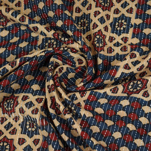 Cream & Blue Ajrakh with Kantha Print Cotton Fabric OG-30302 - TradeUNO