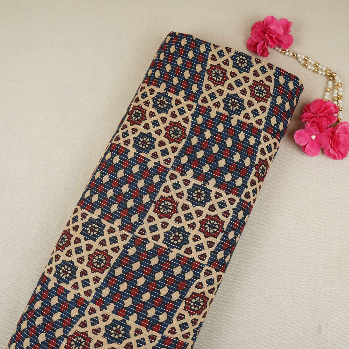 Cream & Blue Ajrakh with Kantha Print Cotton Fabric OG-30302