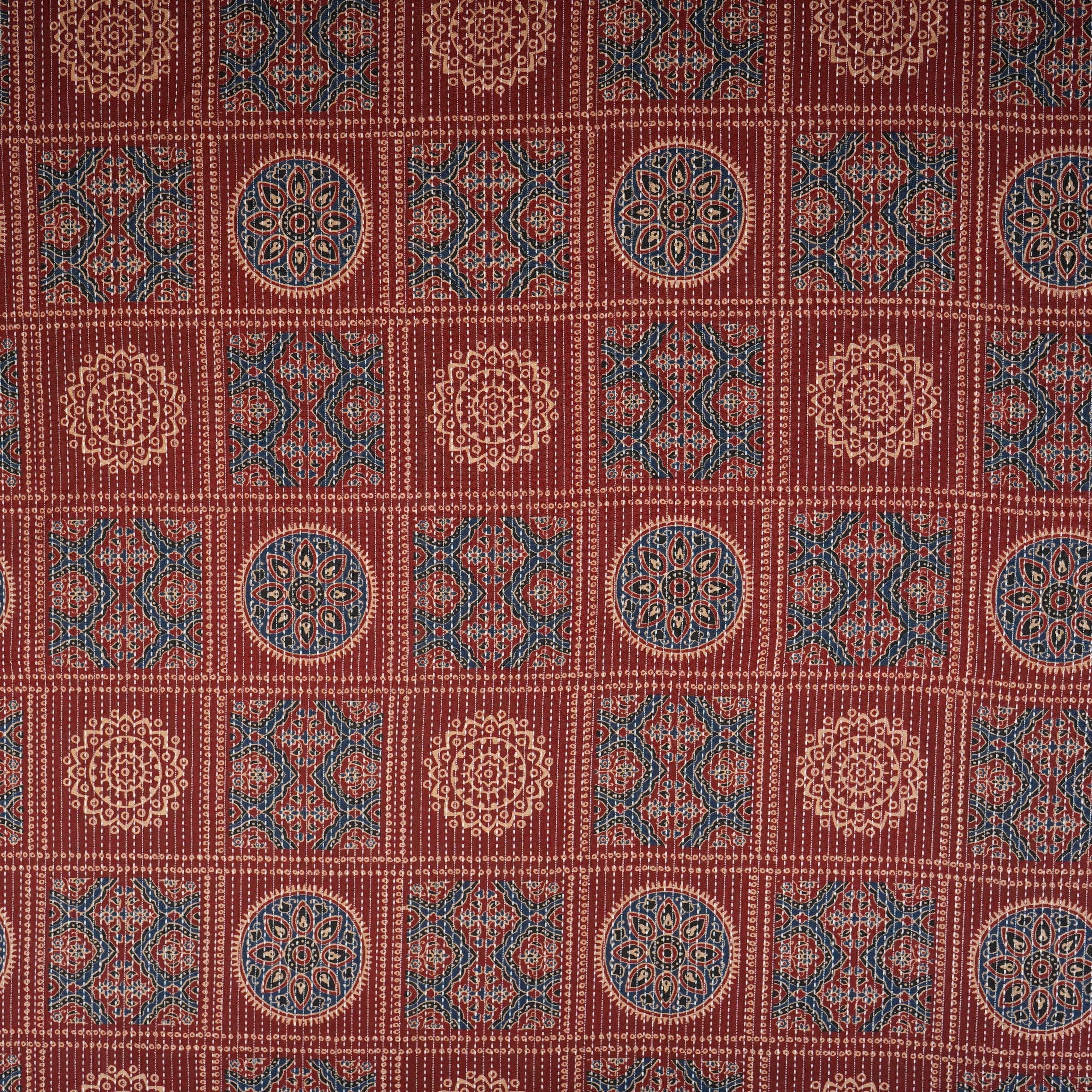 Maroon Ajrakh with Kantha Print Cotton Fabric OG-30426 - TradeUNO