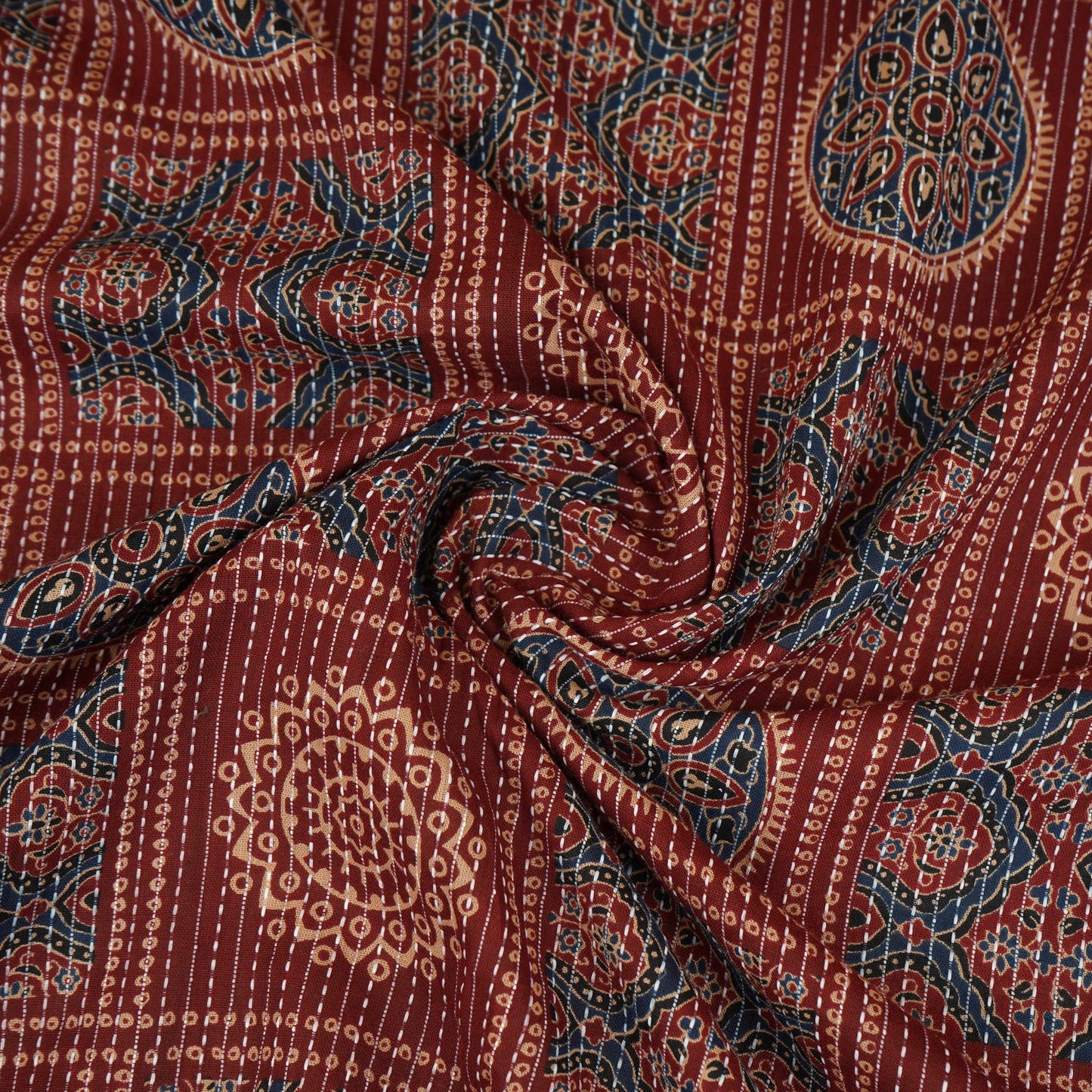 Maroon Ajrakh with Kantha Print Cotton Fabric OG-30426