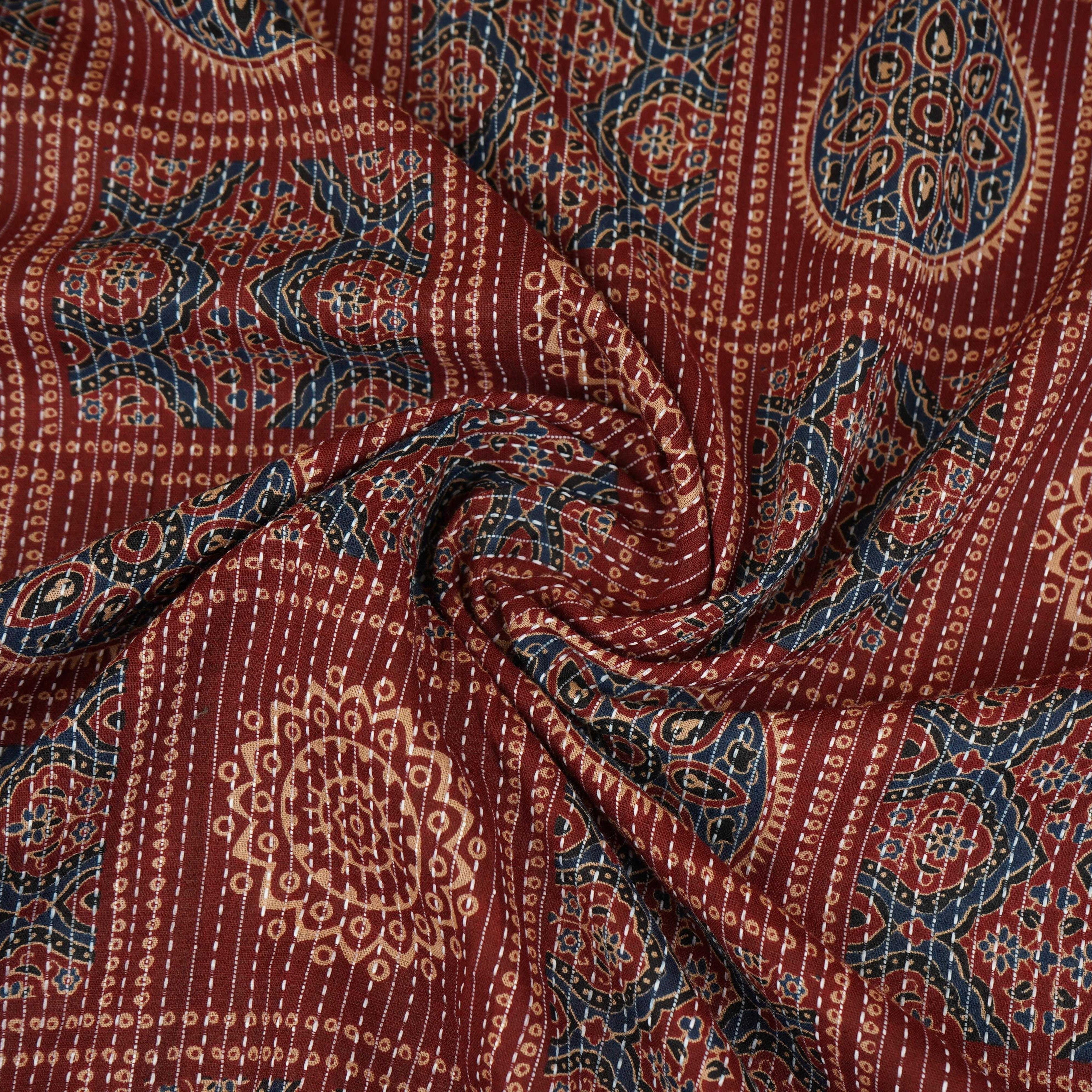 Maroon Ajrakh with Kantha Print Cotton Fabric OG-30426 - TradeUNO