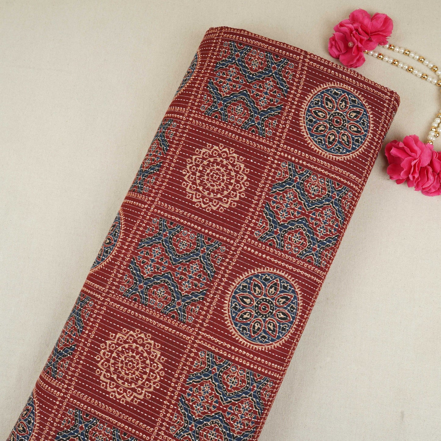 Maroon Ajrakh with Kantha Print Cotton Fabric OG-30426