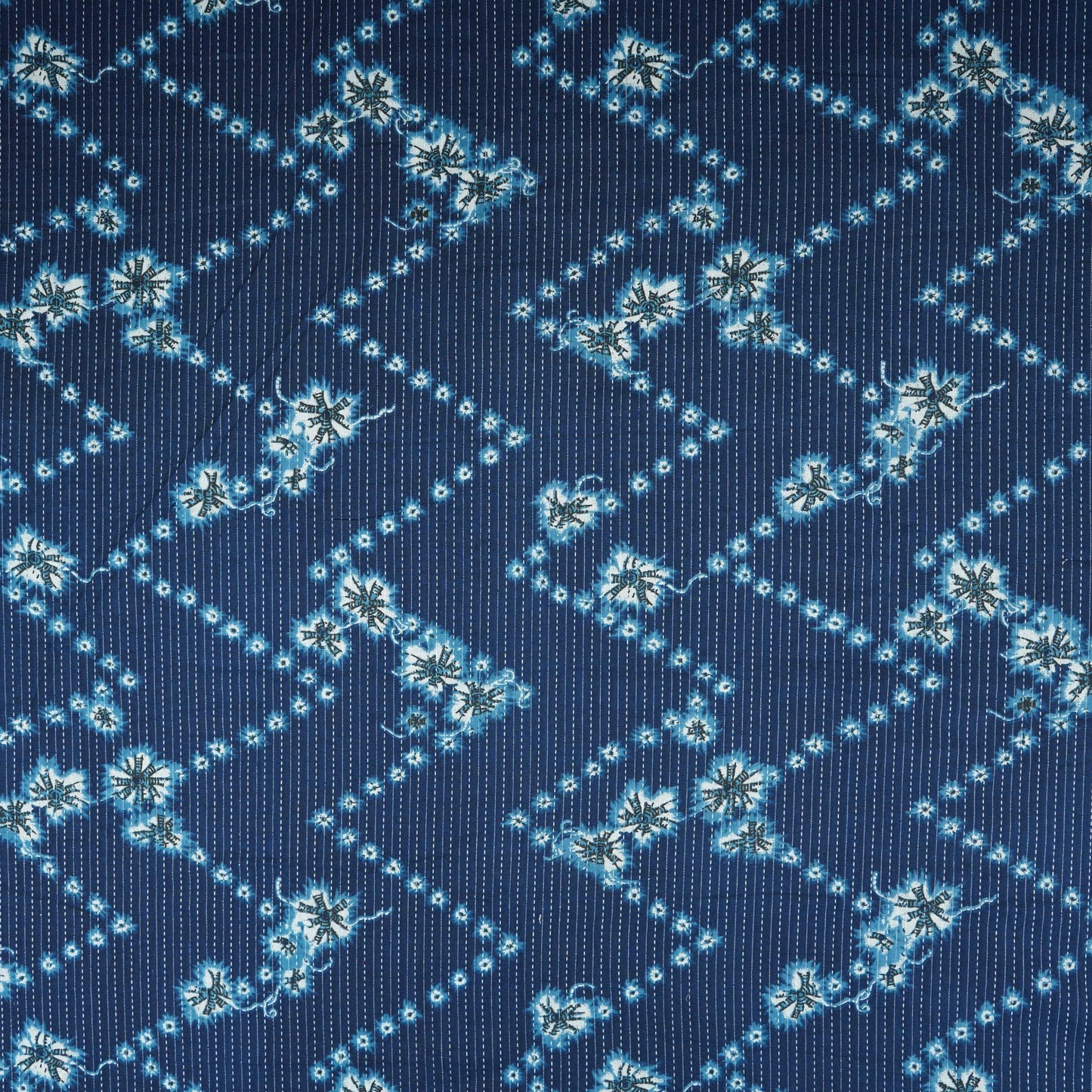 Indigo White Floral Kantha Print Cotton Fabric OG-30300