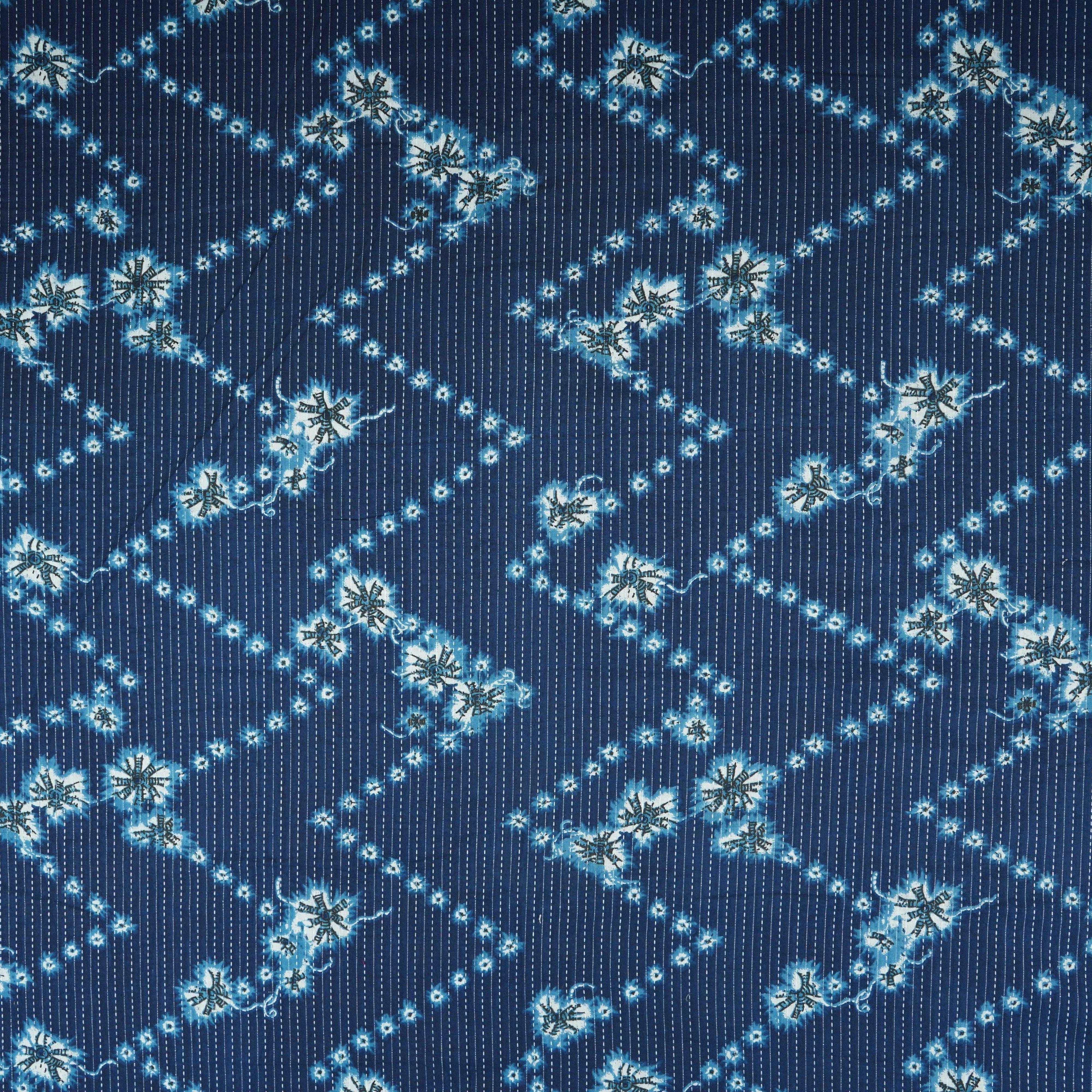 Indigo White Floral Kantha Print Cotton Fabric OG-30300 - TradeUNO