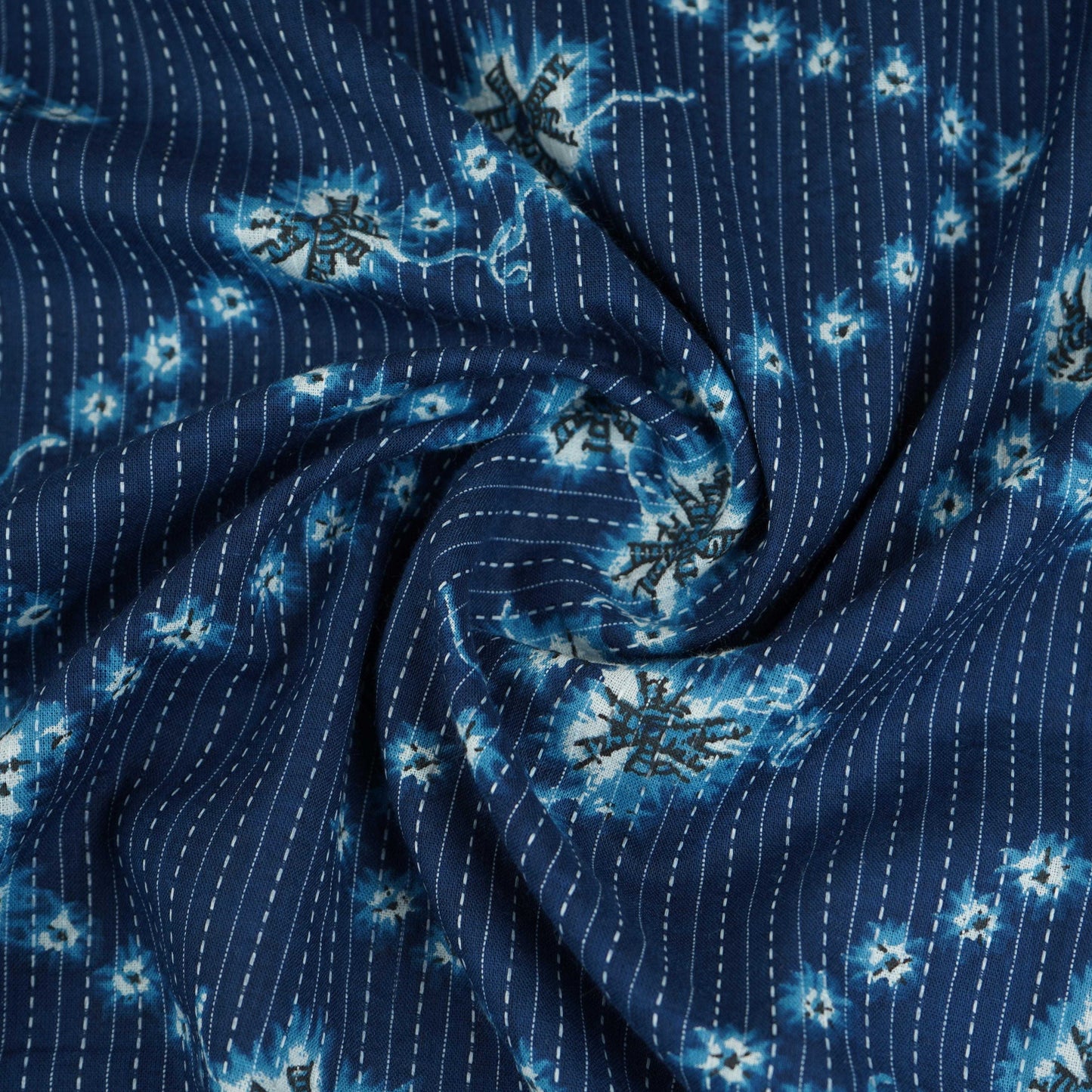 Indigo White Floral Kantha Print Cotton Fabric OG-30300