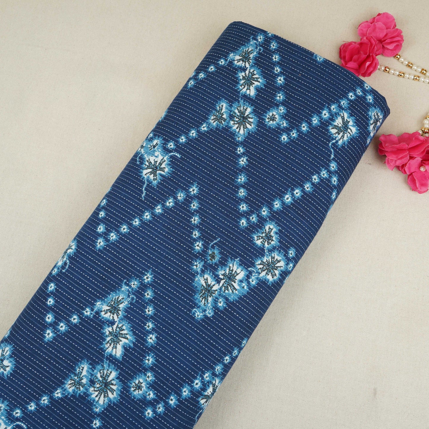 Indigo White Floral Kantha Print Cotton Fabric OG-30300