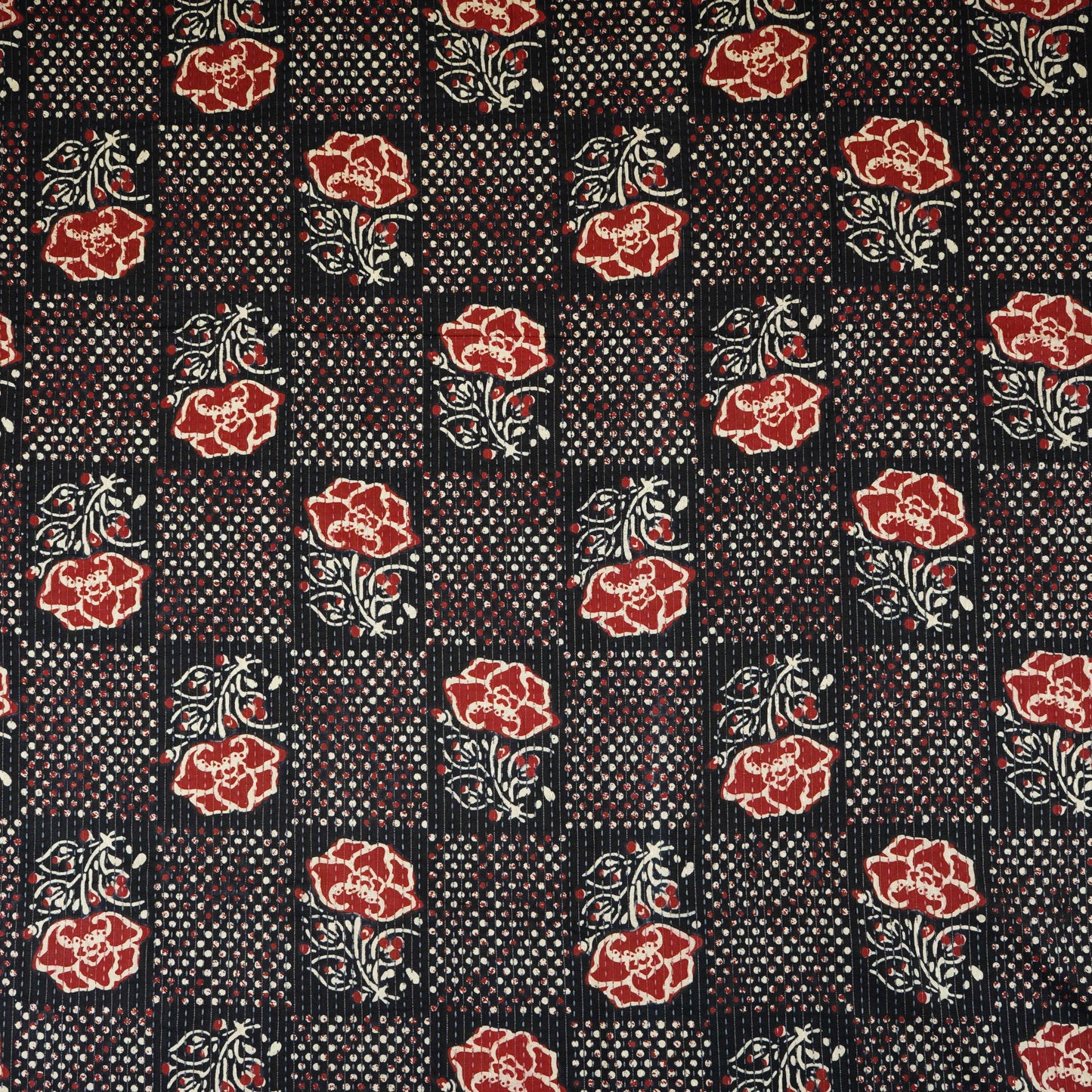 Black & Red Ajrakh with Kantha Print Cotton Fabric OG-30289