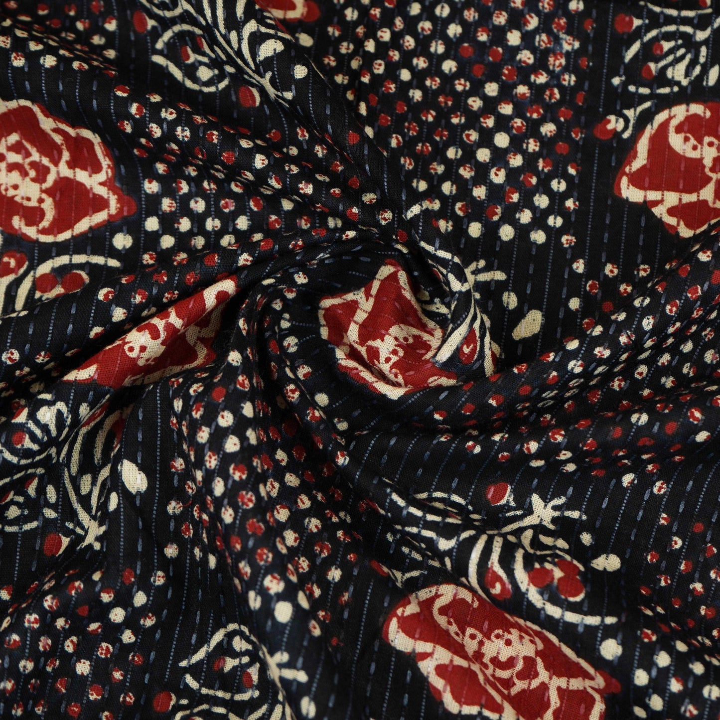 Black & Red Ajrakh with Kantha Print Cotton Fabric OG-30289